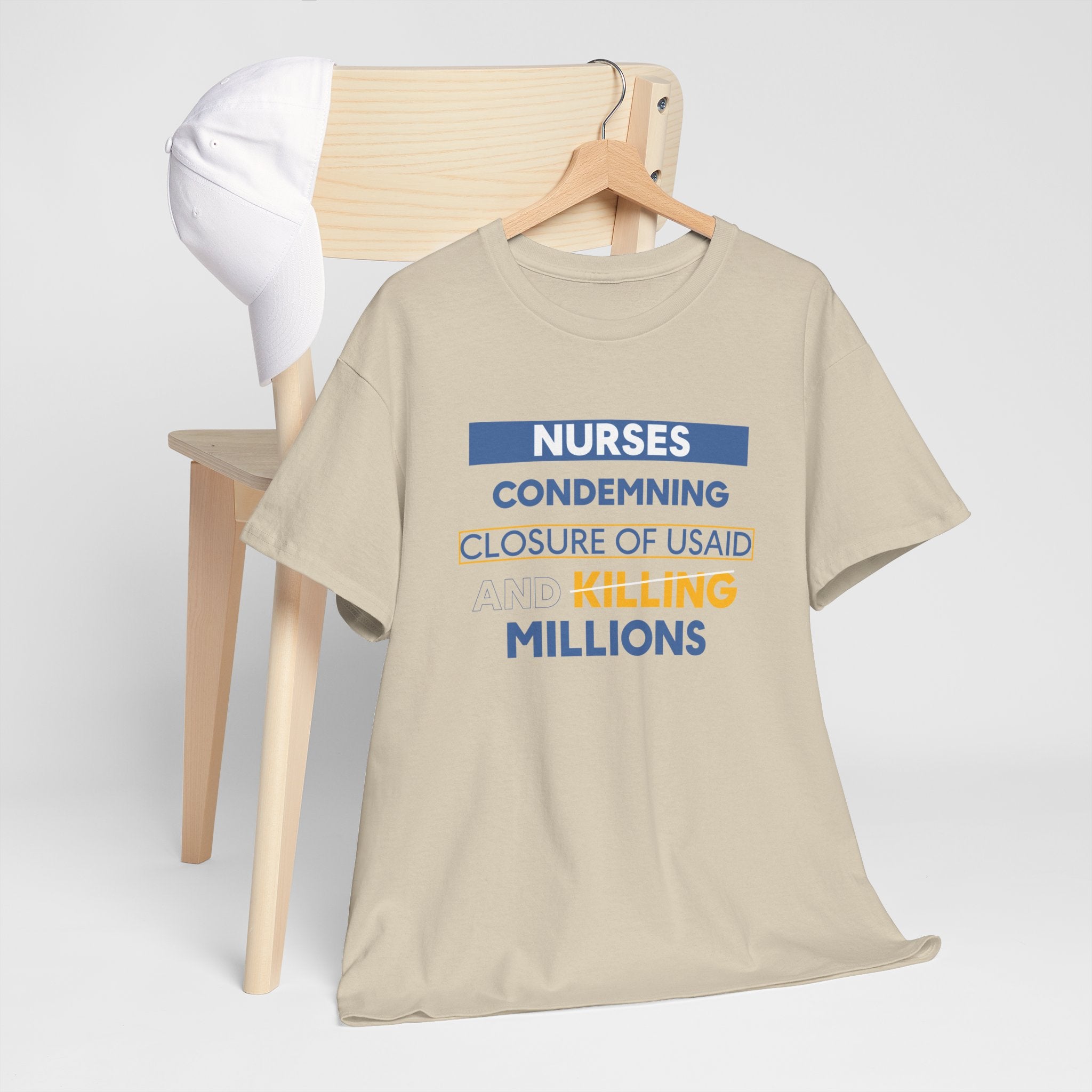 Unisex Medium fabric Cotton Tee - Nurses Condemning Closure of USAID (front) - Nurses For NIH CDC FEMA USAID And YOU (back) - 5.3 oz/yd² / 180 g/m² - NFG-T-G5000