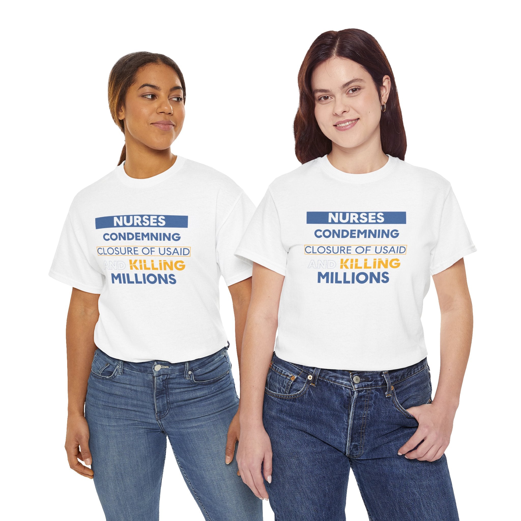 Unisex Medium fabric Cotton Tee - Nurses Condemning Closure of USAID (front) - Nurses For NIH CDC FEMA USAID And YOU (back) - 5.3 oz/yd² / 180 g/m² - NFG-T-G5000