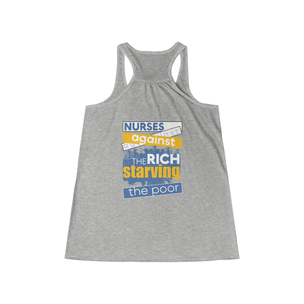 Women's Flowy Extra Light fabric Racerback Tank - Free School Lunches For All (front) - Nurses Against The Rich Starving The Poor (back) - 65% Polyester 35% Viscose  - NAH-F-BC8800