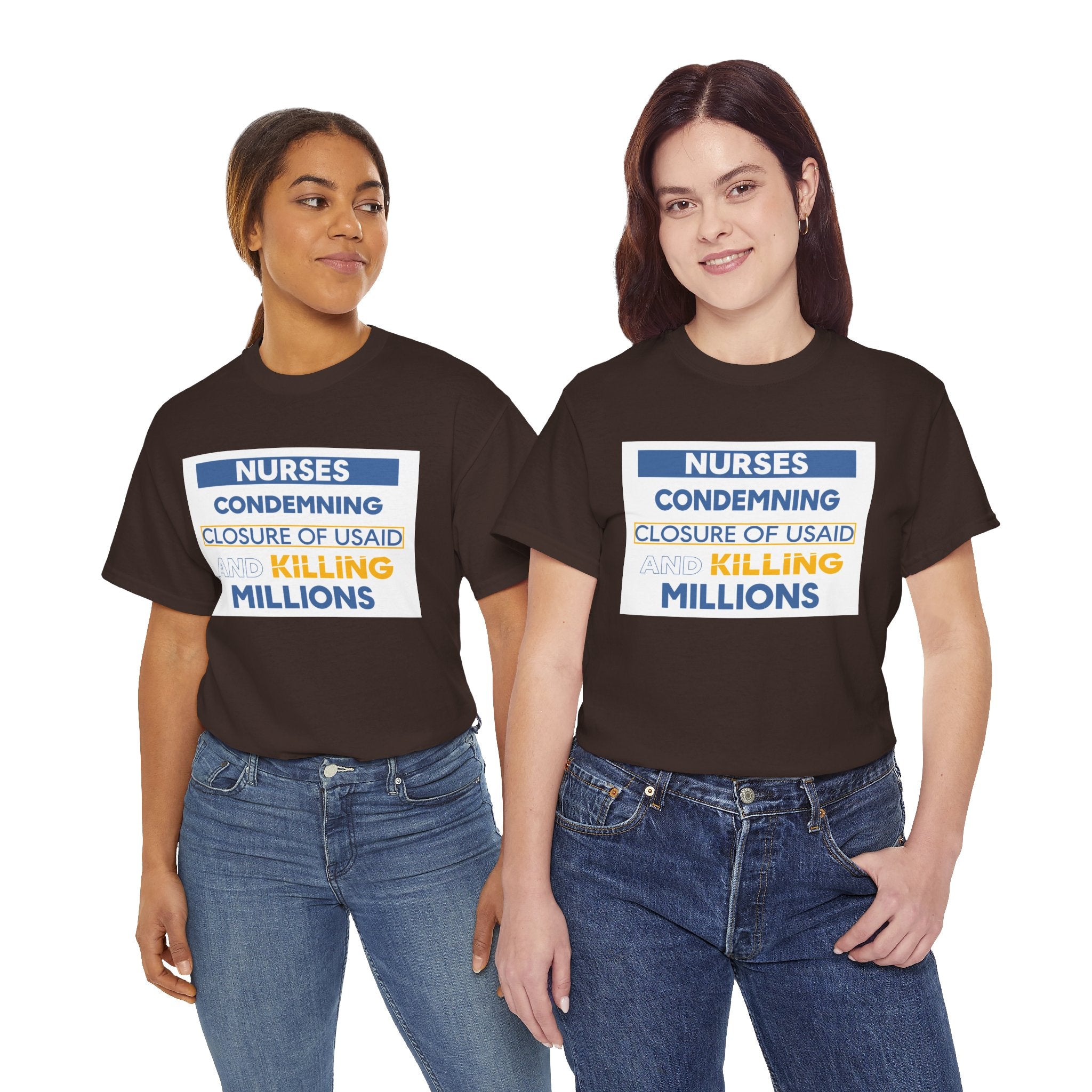 Unisex Medium fabric Cotton Tee - Nurses Condemning Closure of USAID (front) - Nurses For NIH CDC FEMA USAID And YOU (back) - 5.3 oz/yd² / 180 g/m² - NFG-T-G5000