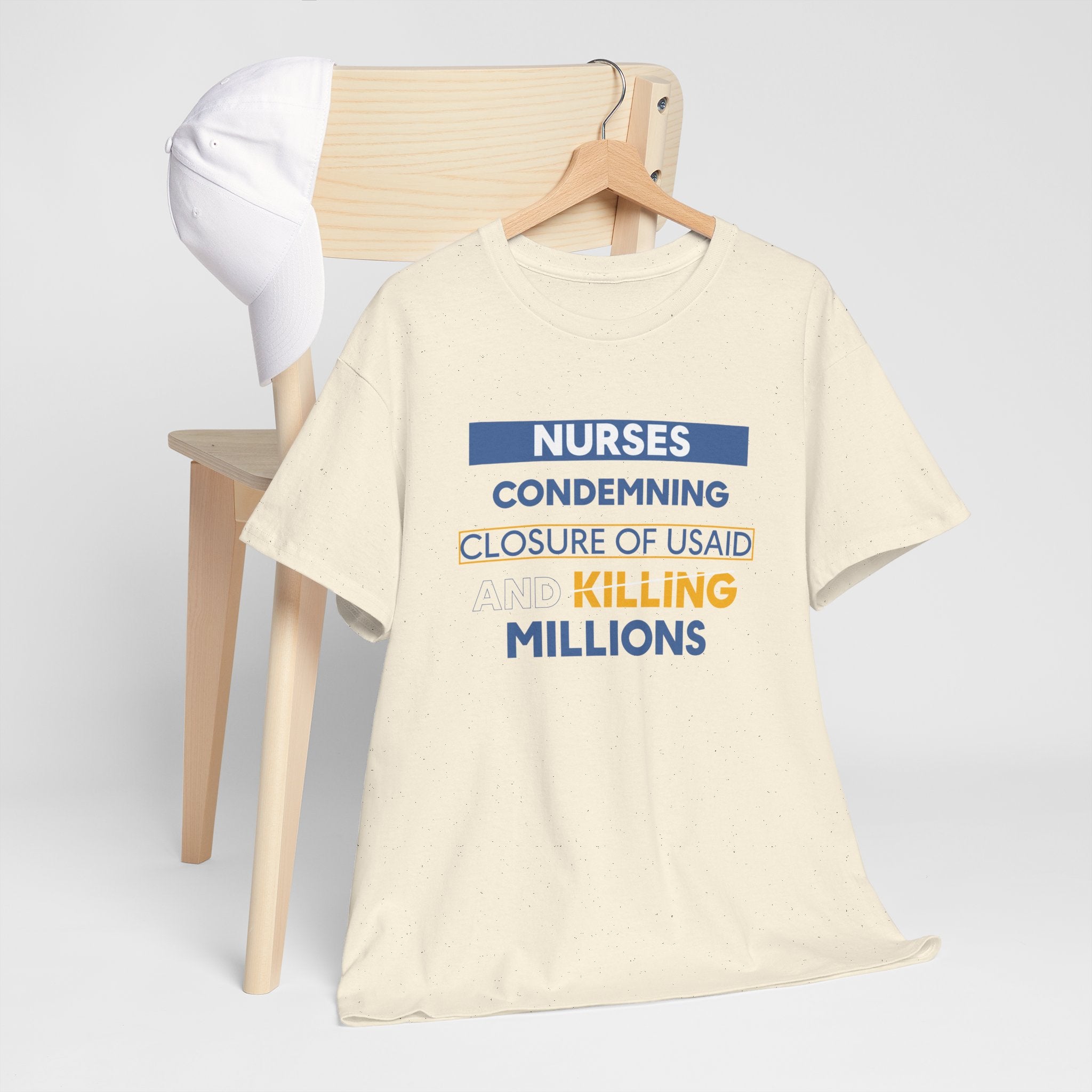 Unisex Medium fabric Cotton Tee - Nurses Condemning Closure of USAID (front) - Nurses For NIH CDC FEMA USAID And YOU (back) - 5.3 oz/yd² / 180 g/m² - NFG-T-G5000