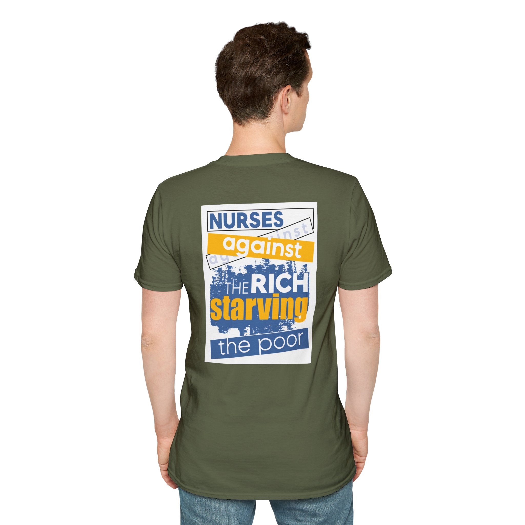 Unisex Lightweight fabric T-Shirt - Free School Lunches For All (front) - Nurses Against The Rich Starving The Poor (back) - 100% ring-spun cotton - NAH-T-G64000