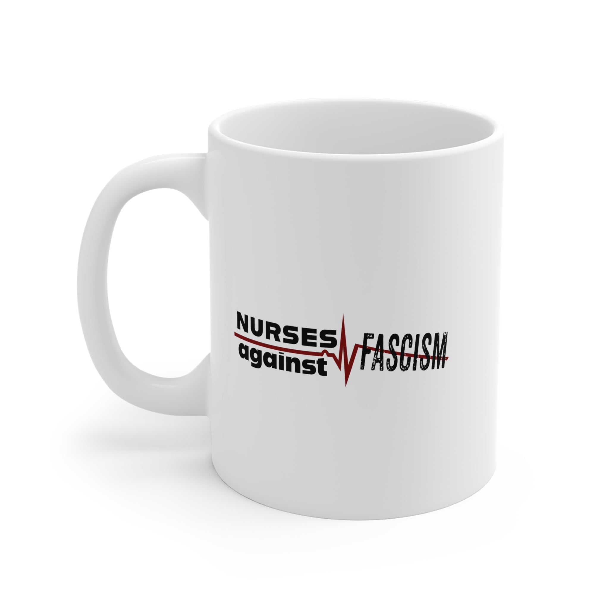 Unisex Ceramic Mug - Nurses Against Fascism (right) - Nurses Against Cruelty (left) - Durable white Ceramic - NAF-CM-ORCA
