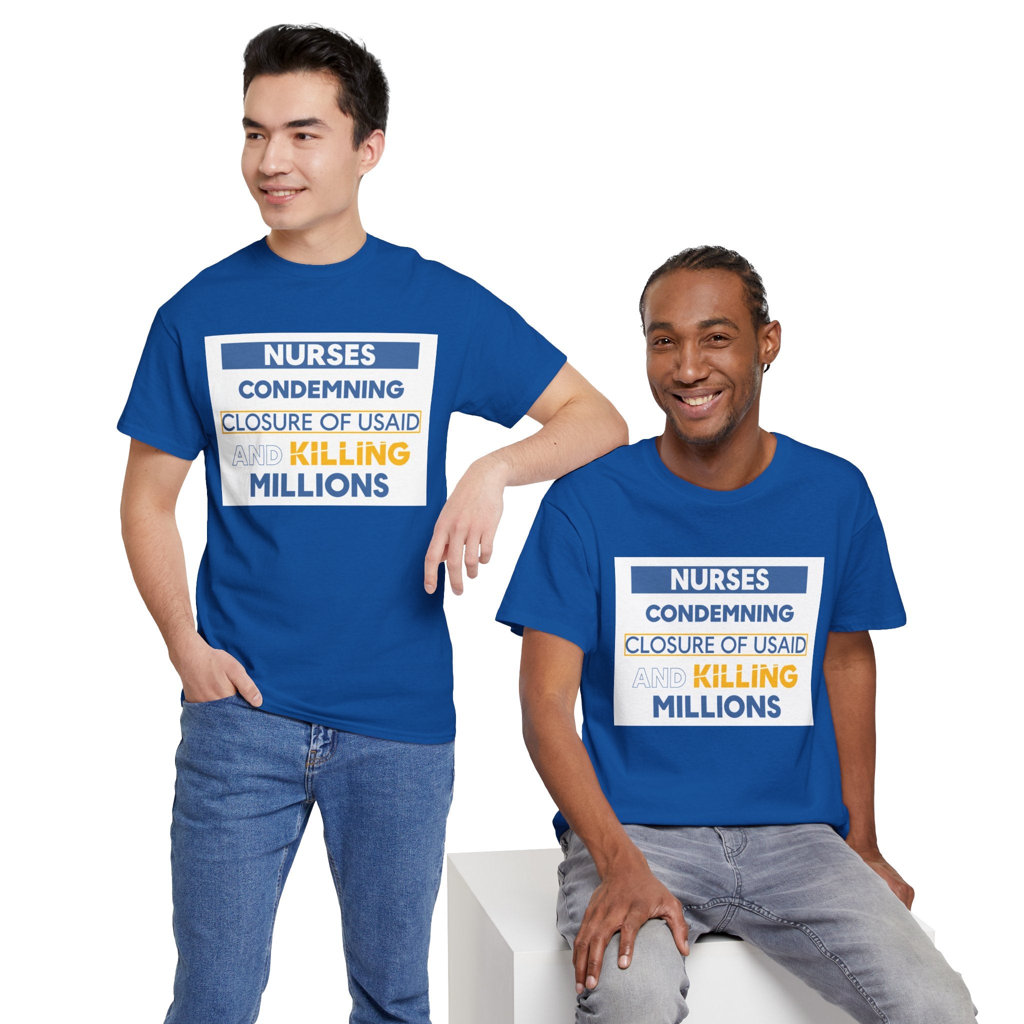 Unisex Medium fabric Cotton Tee - Nurses Condemning Closure of USAID (front) - Nurses For NIH CDC FEMA USAID And YOU (back) - 5.3 oz/yd² / 180 g/m² - NFG-T-G5000