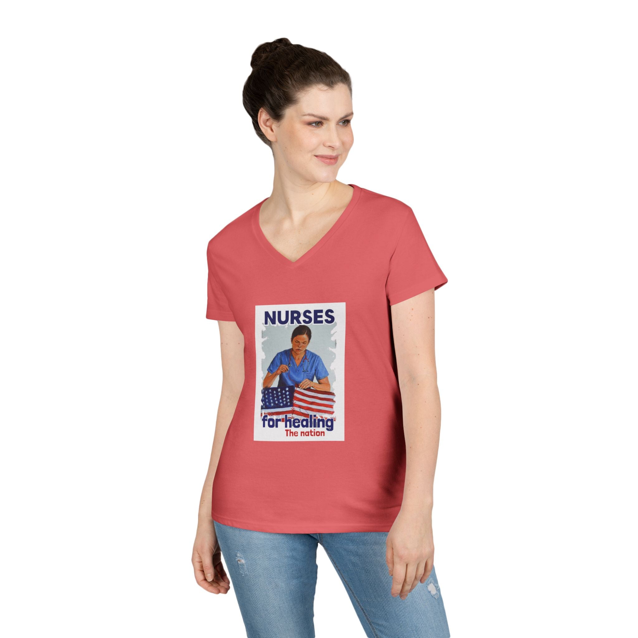 Women's Medium fabric V-Neck T-Shirt - Nurses For Healing The Nation (front) - Nurses Standing Up For Humanity (back) - 100% cotton - NFH-V-G5V00L