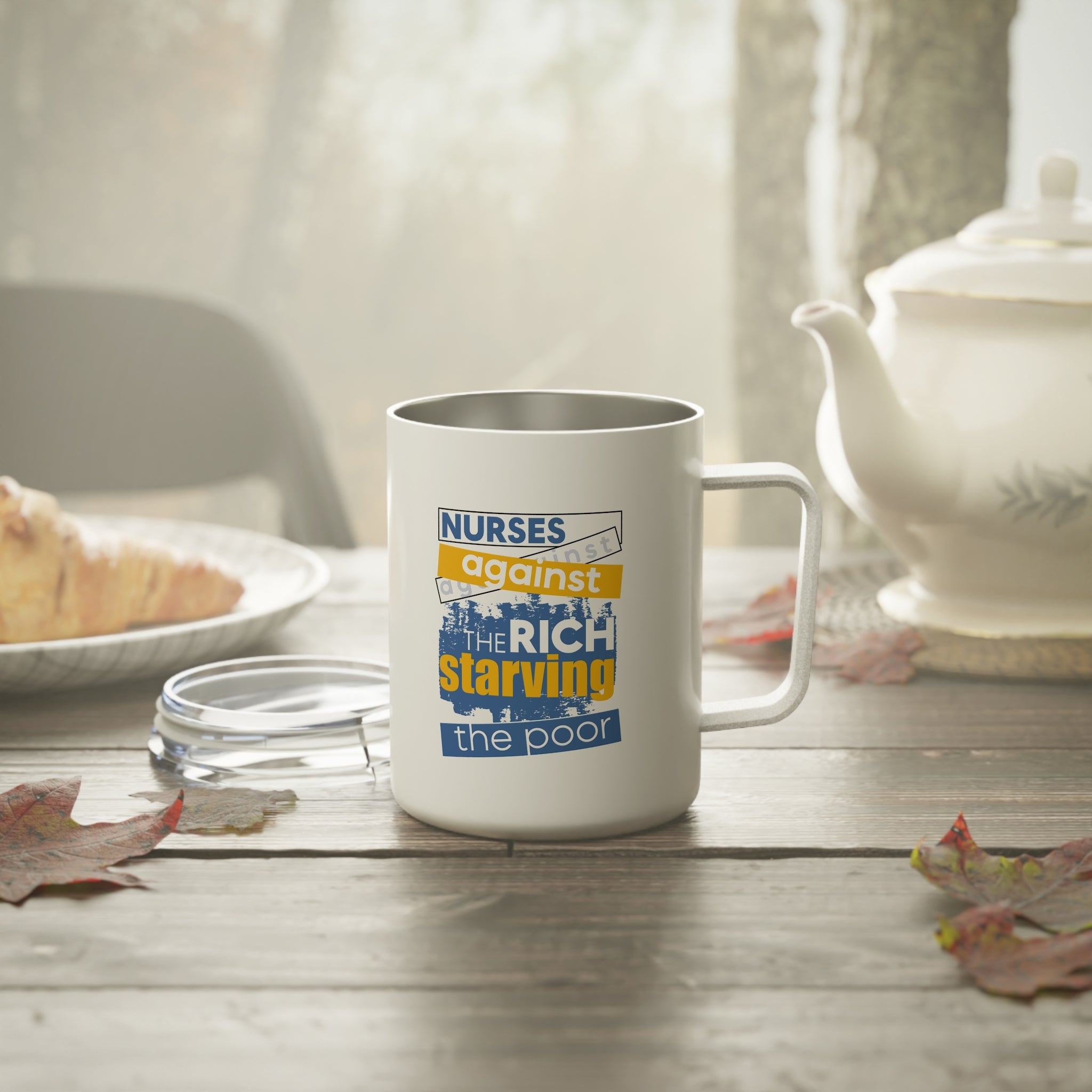 Unisex Insulated Coffee Mug - Free School Lunches For All (right) - Nurses Against The Rich Starving The Poor (left) - 10oz - NAH-CM-INSULATED
