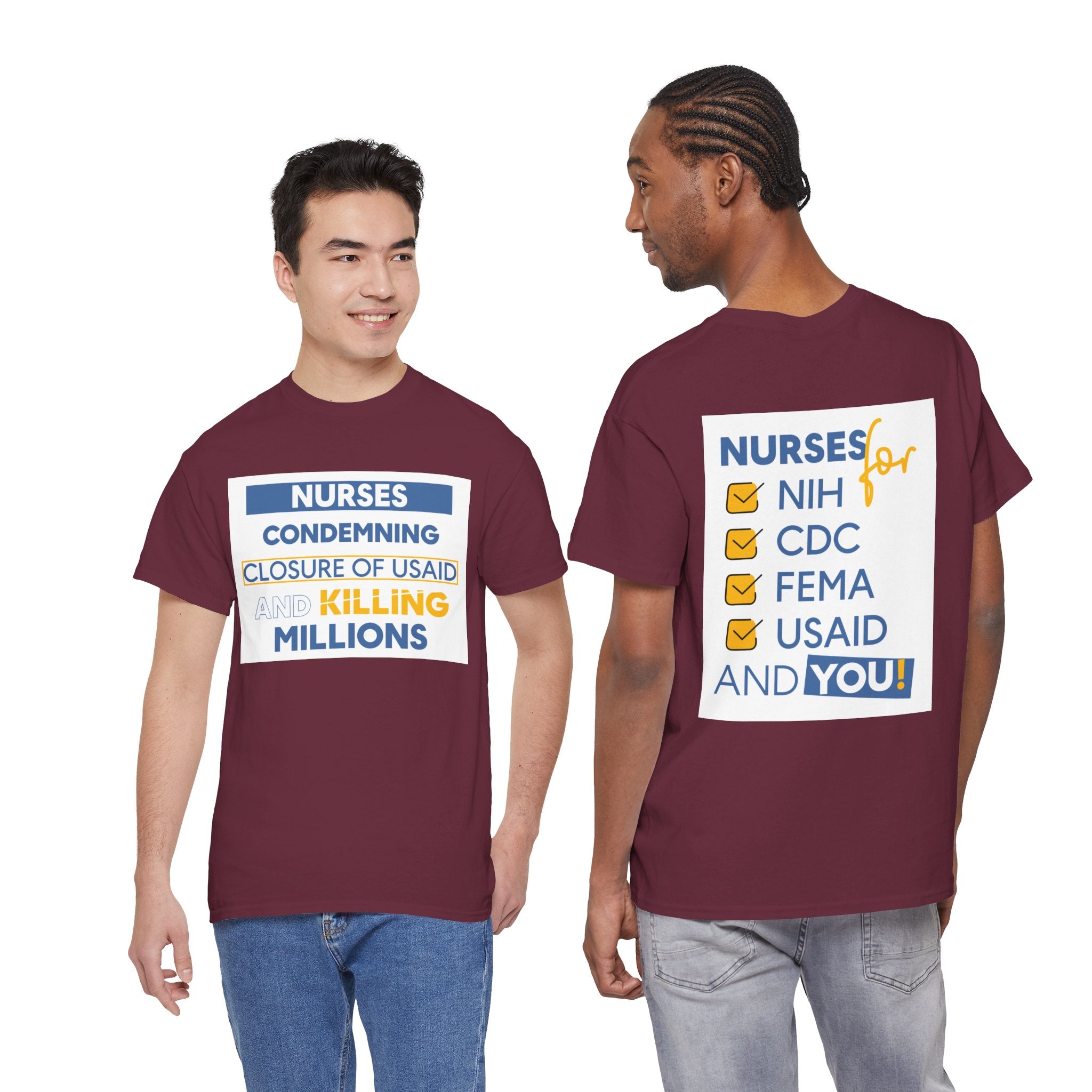 Unisex Medium fabric Cotton Tee - Nurses Condemning Closure of USAID (front) - Nurses For NIH CDC FEMA USAID And YOU (back) - 5.3 oz/yd² / 180 g/m² - NFG-T-G5000