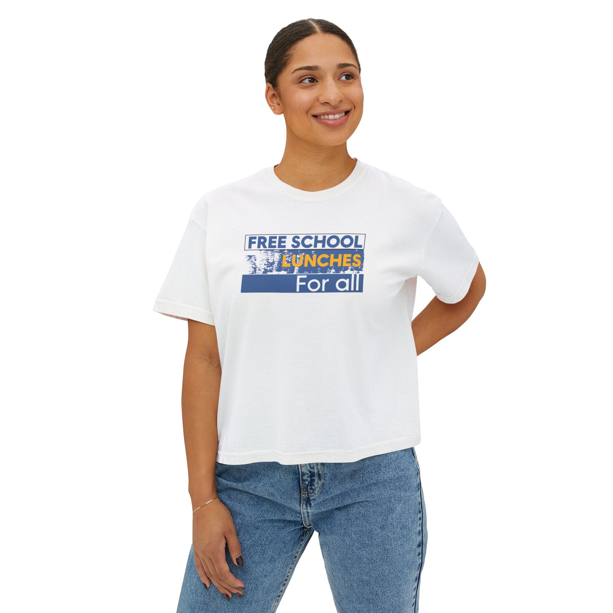 Women's Boxy Heavy fabric Tee - Free School Lunches For All (front) - Nurses Against The Rich Starving The Poor (back) - 100% ring-spun US cotton - NAH-T-CC3023CL