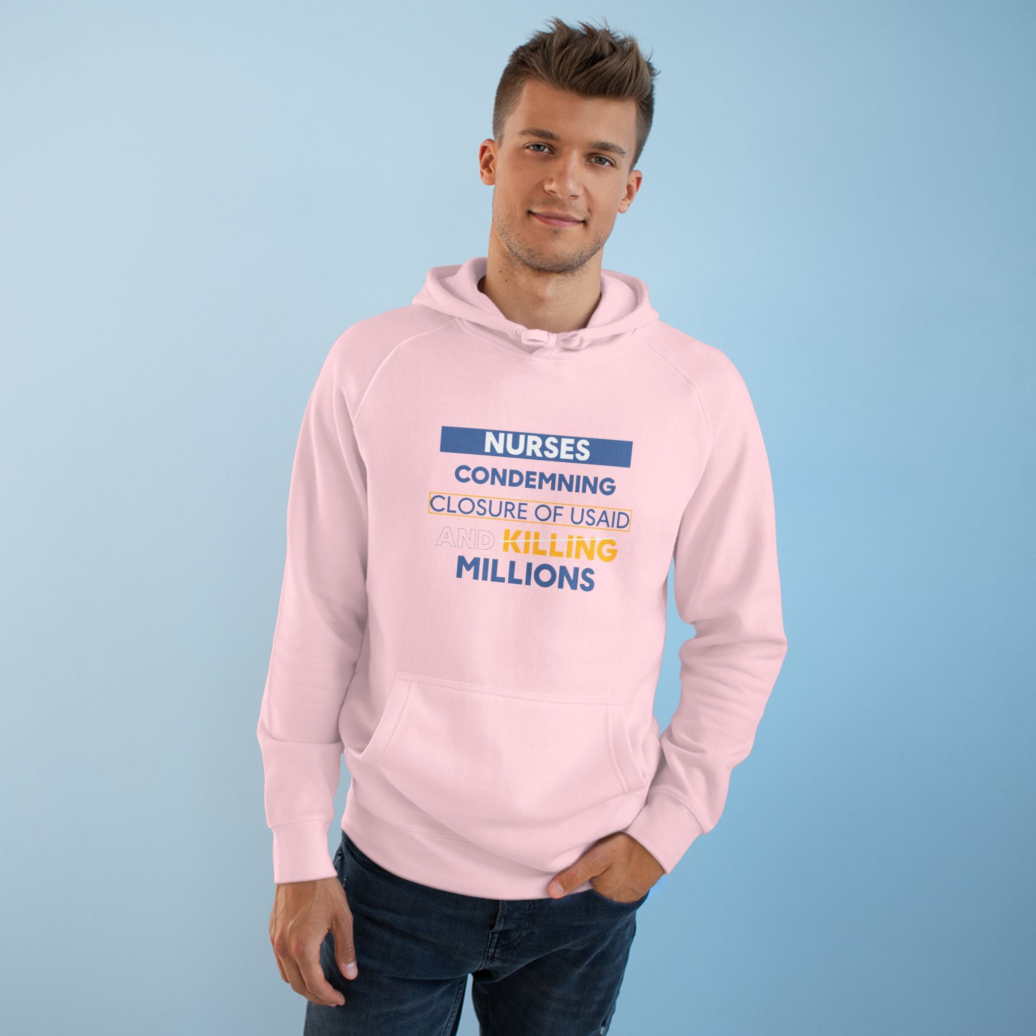 Unisex Mid-weight Hoodie - Nurses Condemning Closure of USAID (front) - Nurses For NIH CDC FEMA USAID And YOU (back) - 80% cotton, 20% Polyester - NFG-H-AC5101