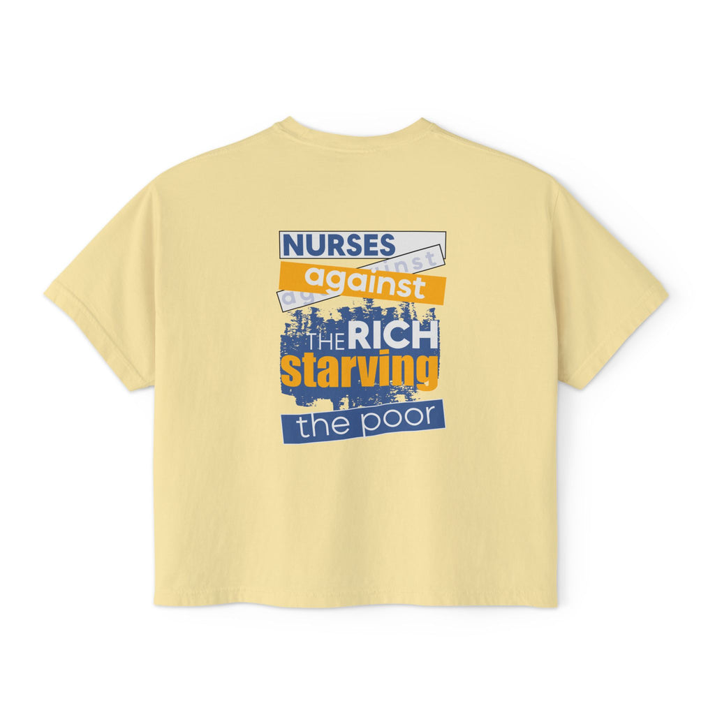 Women's Boxy Heavy fabric Tee - Free School Lunches For All (front) - Nurses Against The Rich Starving The Poor (back) - 100% ring-spun US cotton - NAH-T-CC3023CL