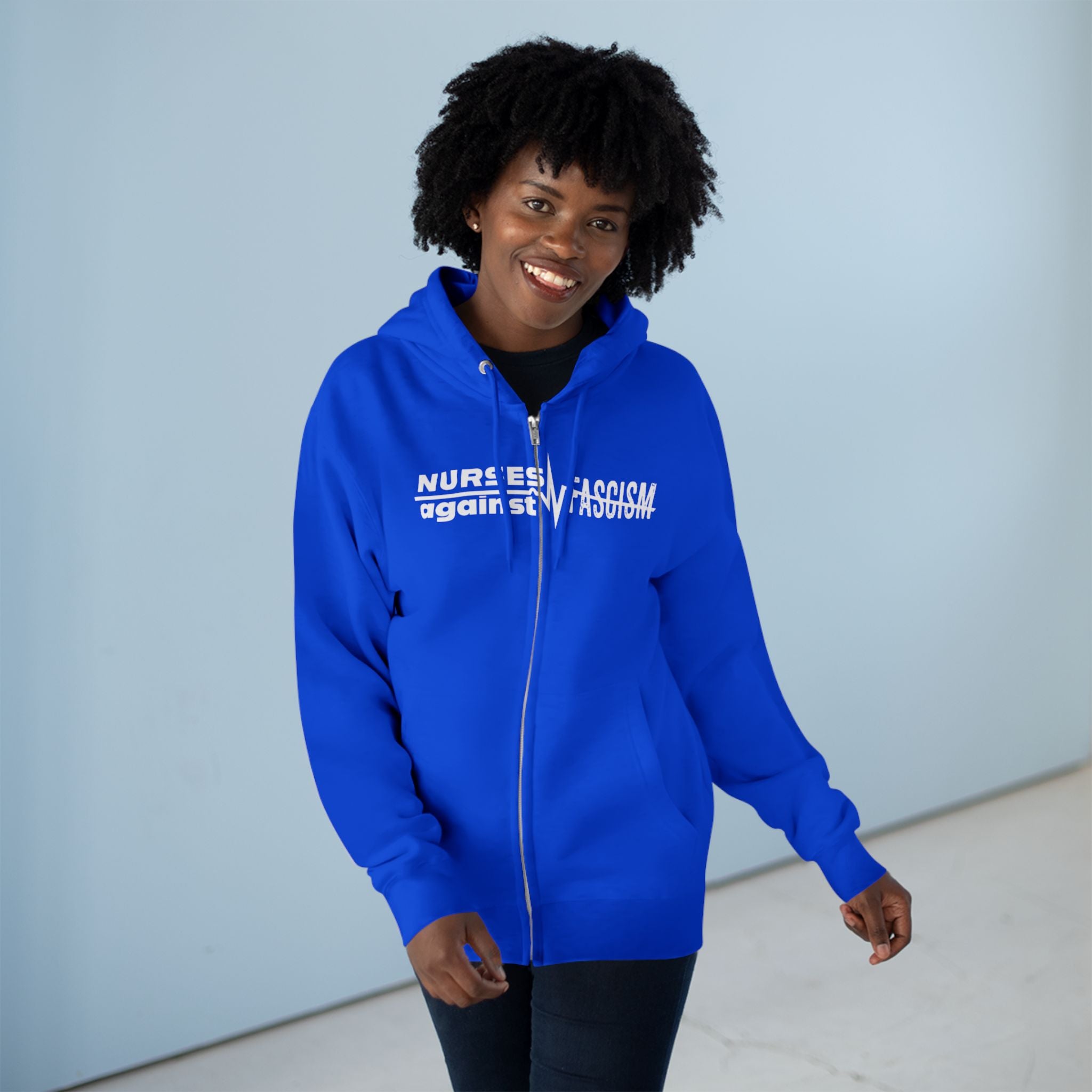 Men's Medium-heavy fabric Full-Zip Hoodie - Nurses Against Fascism (front) - Nurses Against Cruelty (black) - 60% recycled cotton, 40% recycled polyester - Lane Seven LS14003