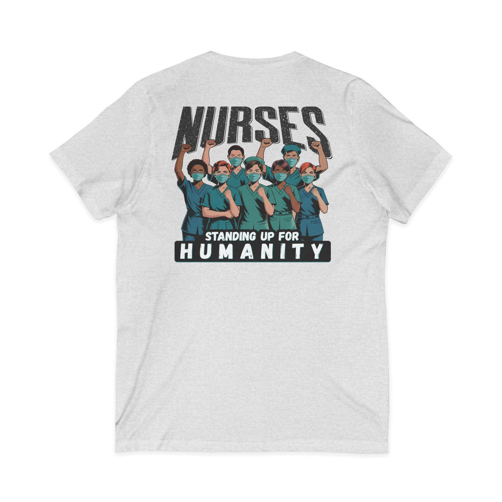 Unisex Lightweight fabric Jersey Short Sleeve V-Neck Tee - Nurses For Healing The Nation (front) - Nurses Standing Up For Humanity (back) - 100% cotton fabric - NFH-V-BC3005