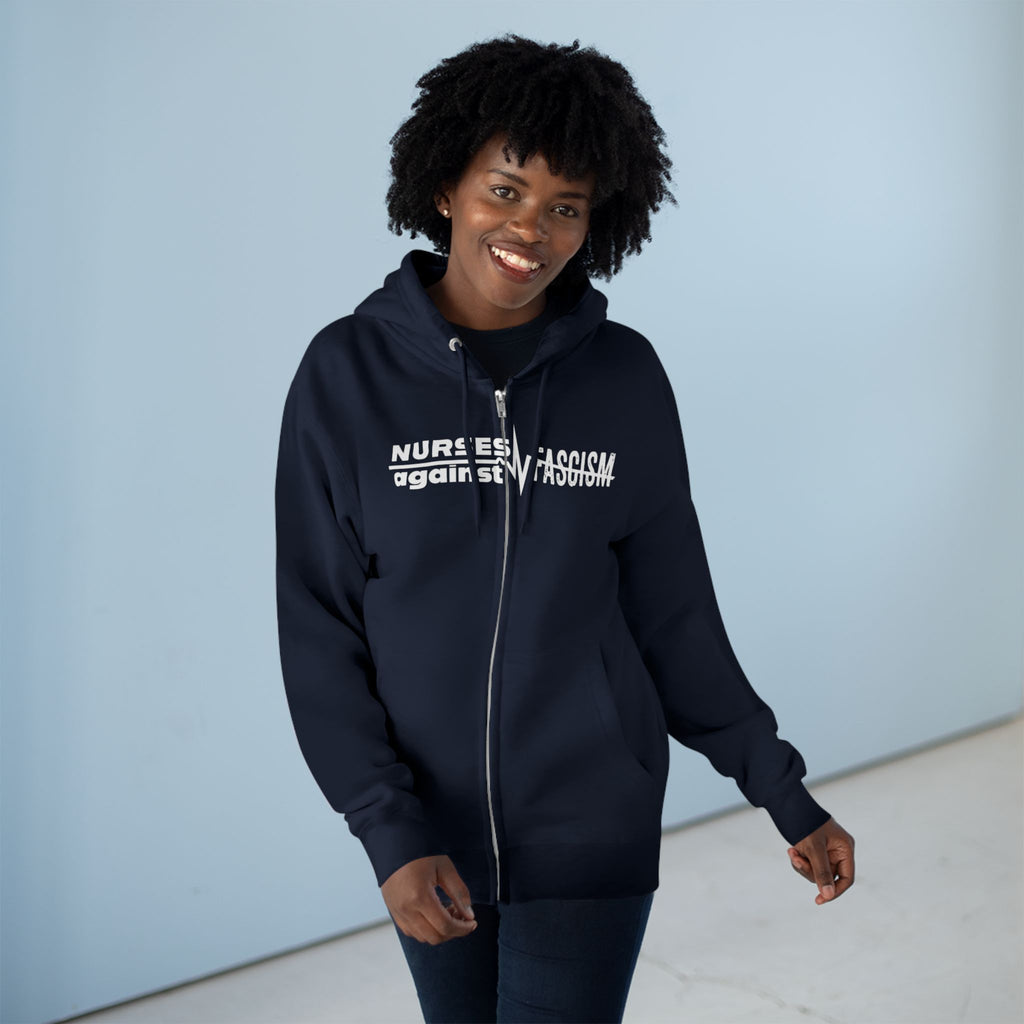 Men's Medium-heavy fabric Full-Zip Hoodie - Nurses Against Fascism (front) - Nurses Against Cruelty (black) - 60% recycled cotton, 40% recycled polyester - Lane Seven LS14003