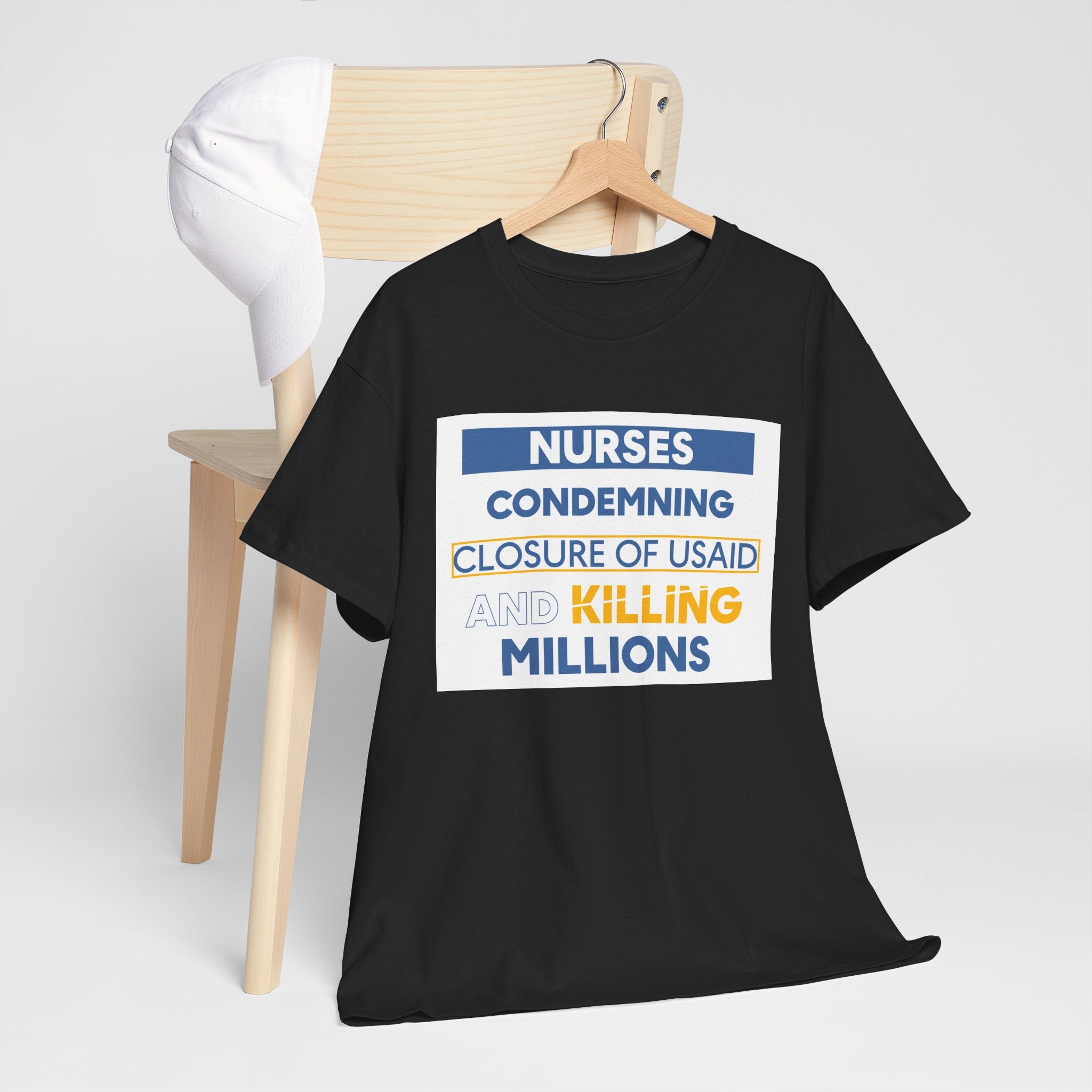 Unisex Medium fabric Cotton Tee - Nurses Condemning Closure of USAID (front) - Nurses For NIH CDC FEMA USAID And YOU (back) - 5.3 oz/yd² / 180 g/m² - NFG-T-G5000