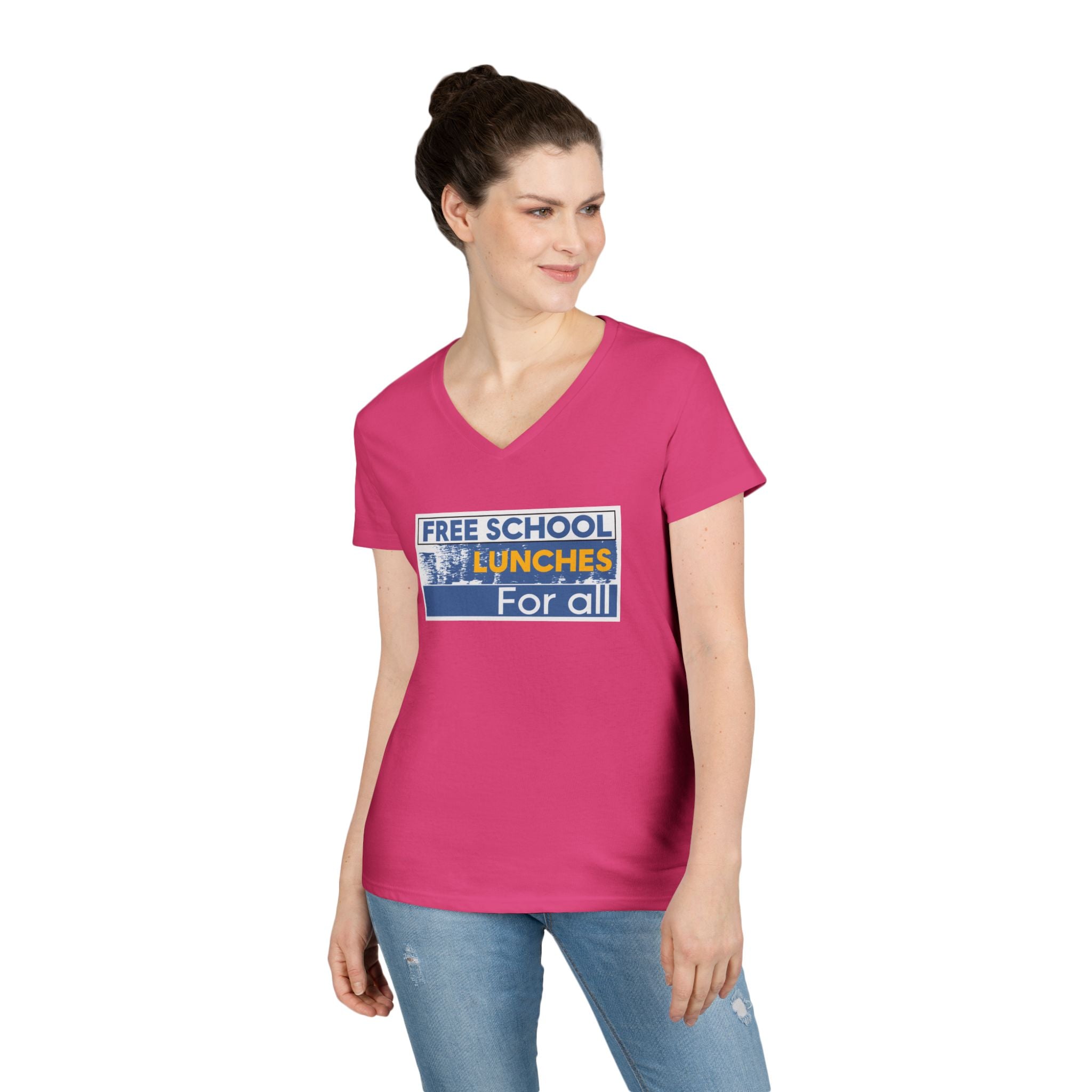 Women's Medium fabric V-Neck T-Shirt - Free School Lunches For All (front) - Nurses Against The Rich Starving The Poor (back) - 100% cotton - NAH-V-G5V00L