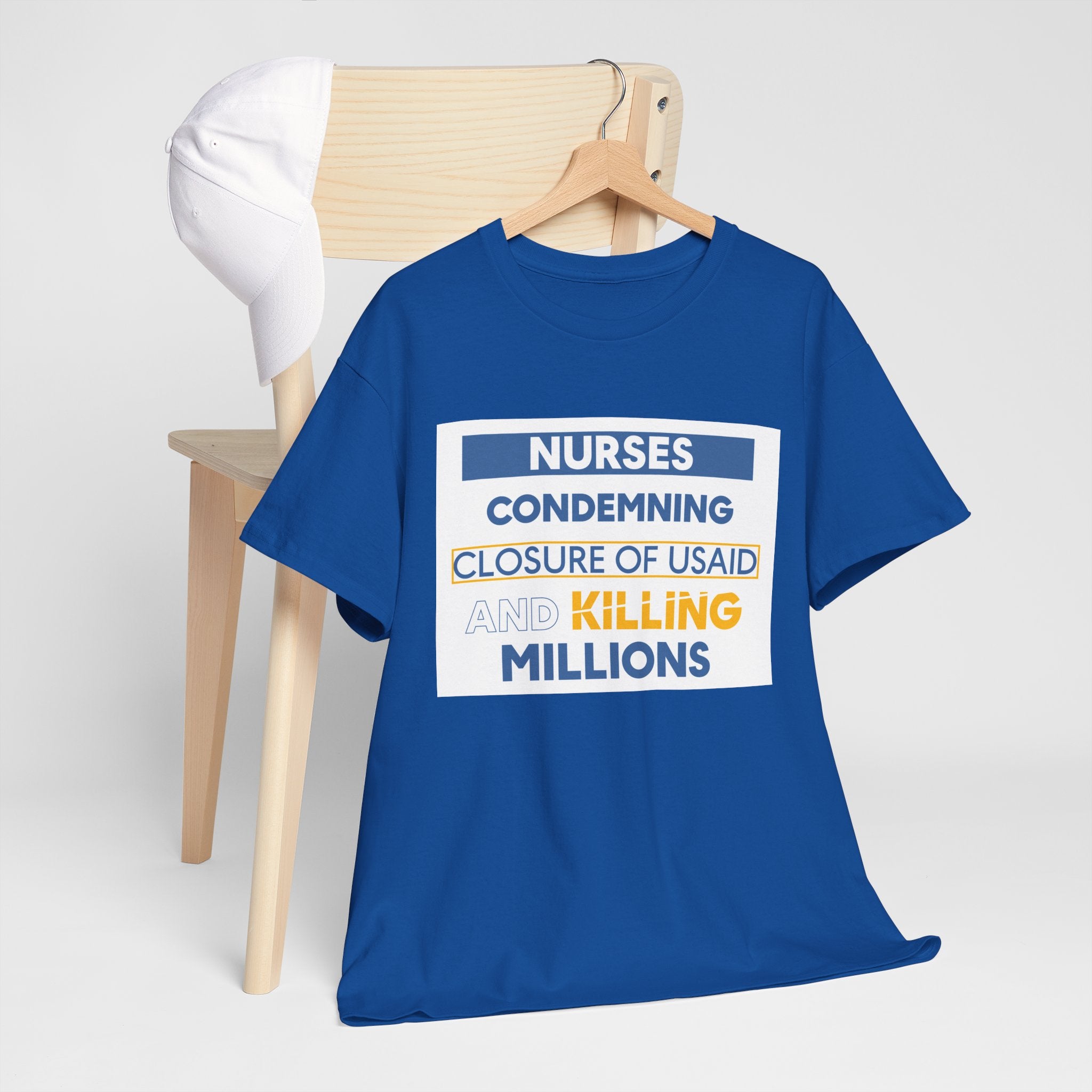 Unisex Medium fabric Cotton Tee - Nurses Condemning Closure of USAID (front) - Nurses For NIH CDC FEMA USAID And YOU (back) - 5.3 oz/yd² / 180 g/m² - NFG-T-G5000