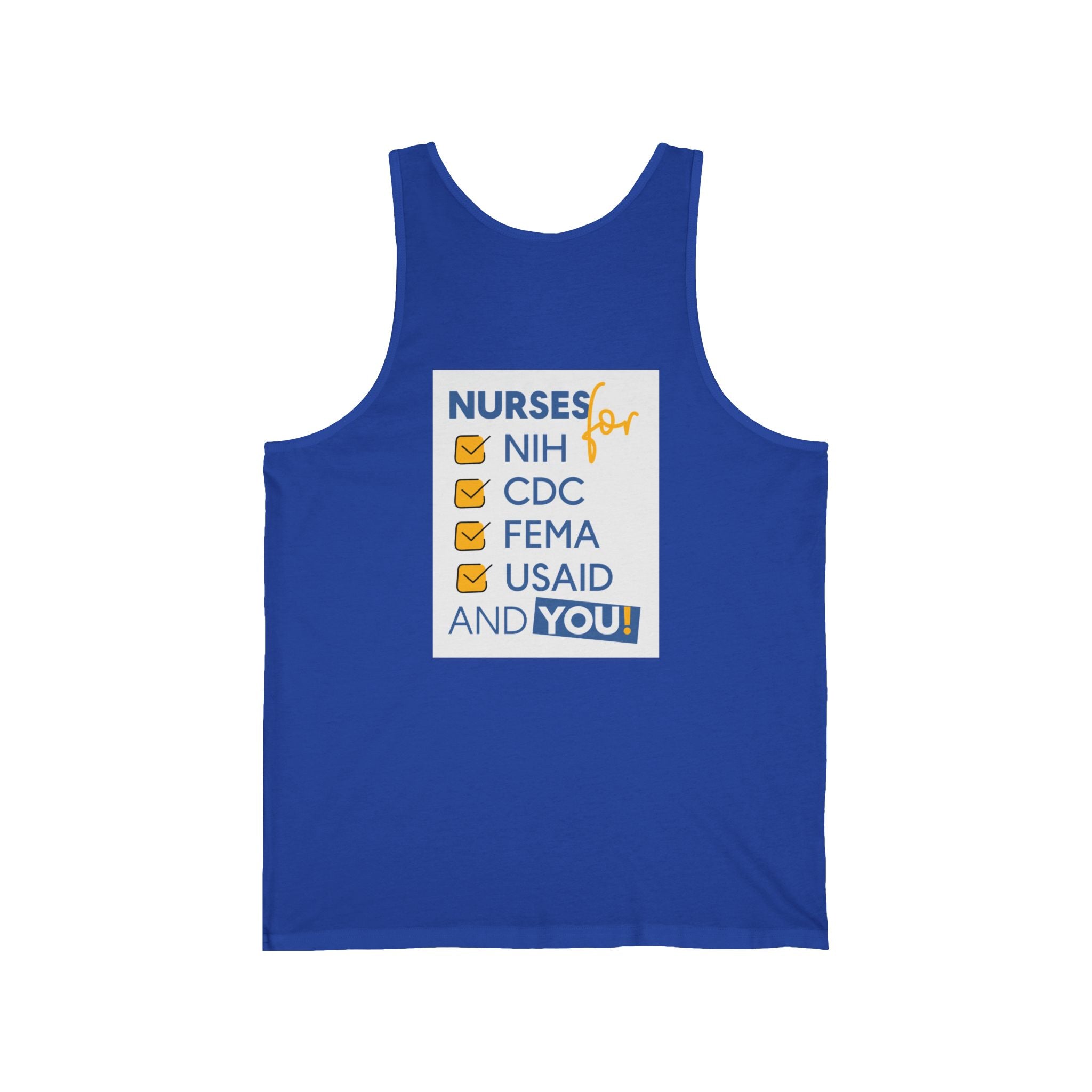 Unisex Light fabric Jersey Tank - Nurses Condemning Closure of USAID (front) - Nurses For NIH CDC FEMA USAID And YOU (back) - 100% Airlume combed and ring-spun cotton - NFG-K-BC3480
