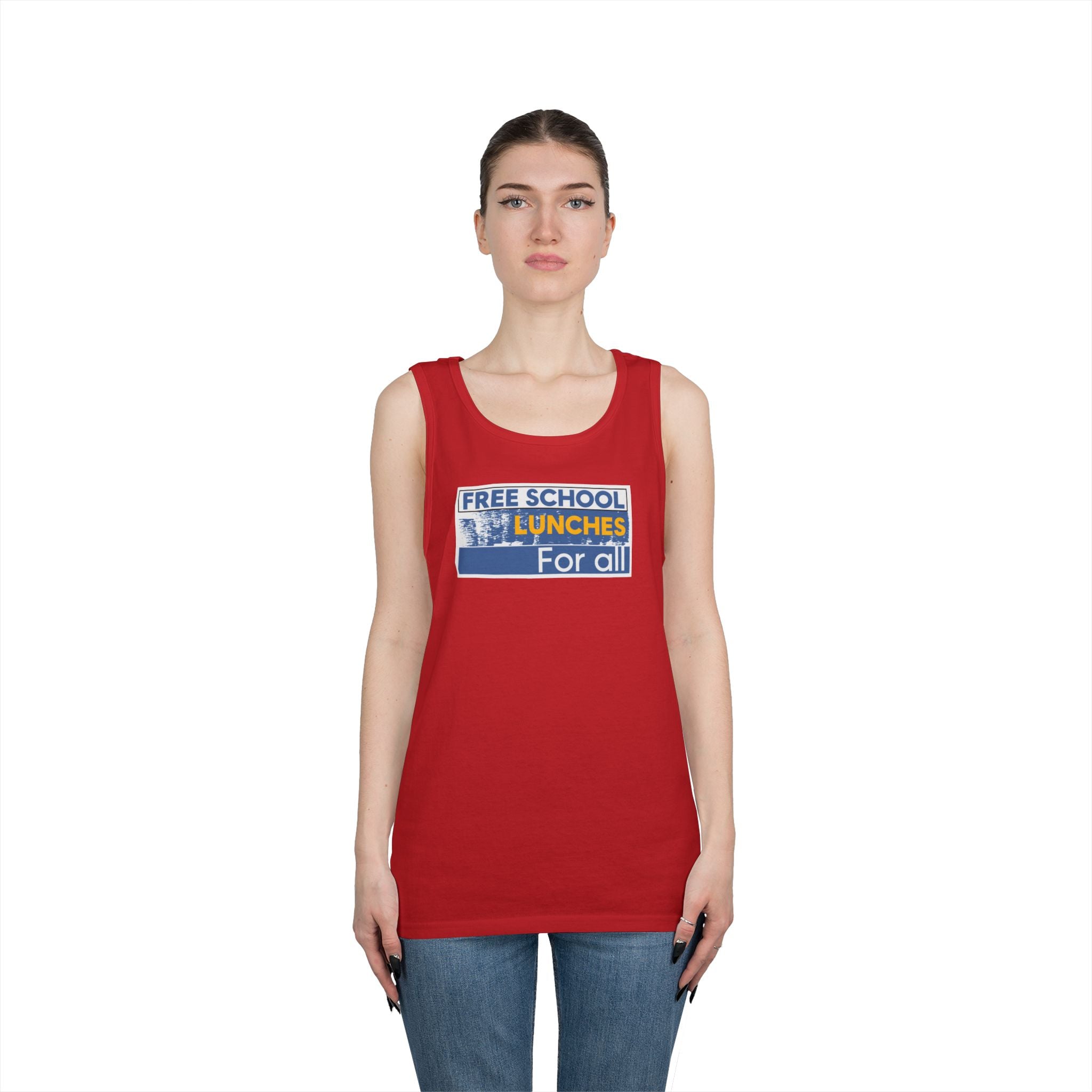 Unisex Medium fabric Cotton Tank Top - Free School Lunches For All (front) - Nurses Against The Rich Starving The Poor (back) - 100% cotton - NAH-K-G5200