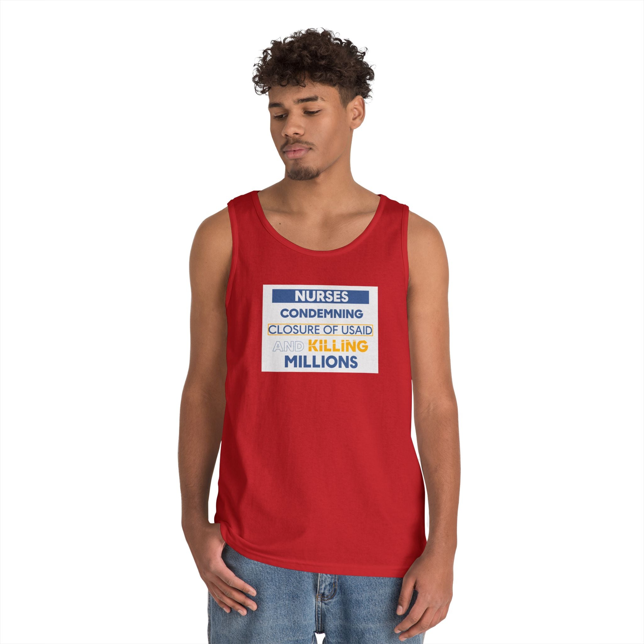 Unisex Medium fabric Cotton Tank Top - Nurses Condemning Closure of USAID (front) - Nurses For NIH CDC FEMA USAID And YOU (back) - 100% cotton - NFG-K-G5200