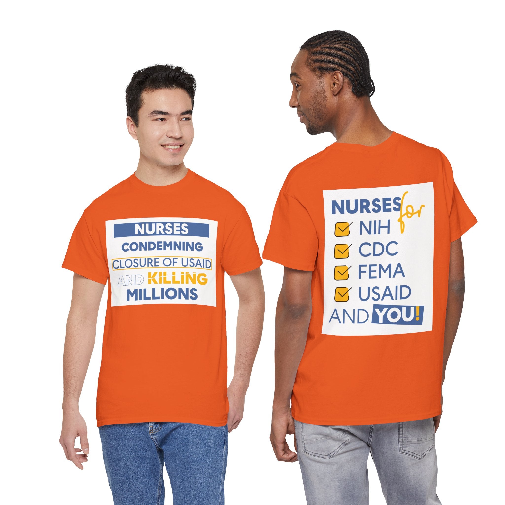 Unisex Medium fabric Cotton Tee - Nurses Condemning Closure of USAID (front) - Nurses For NIH CDC FEMA USAID And YOU (back) - 5.3 oz/yd² / 180 g/m² - NFG-T-G5000
