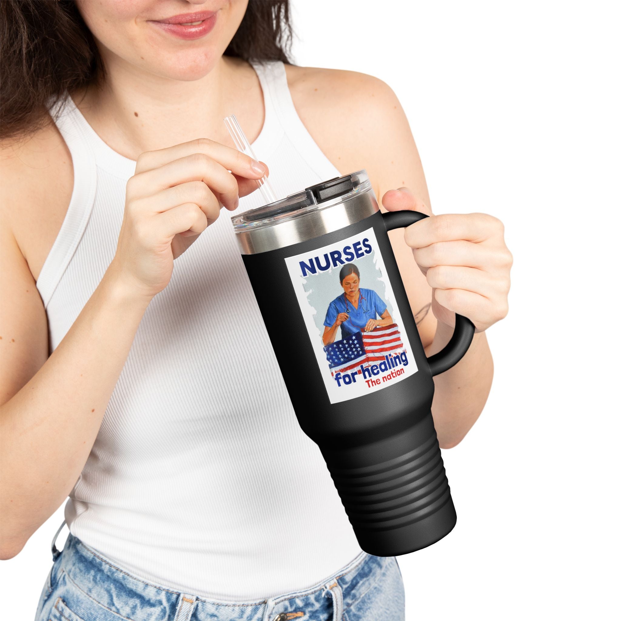 Travel Mug - Nurses For Healing The Nation (front) - Nurses Standing Up For Humanity (back) - 100% stainless steel (body) - NFH-TM-40oz