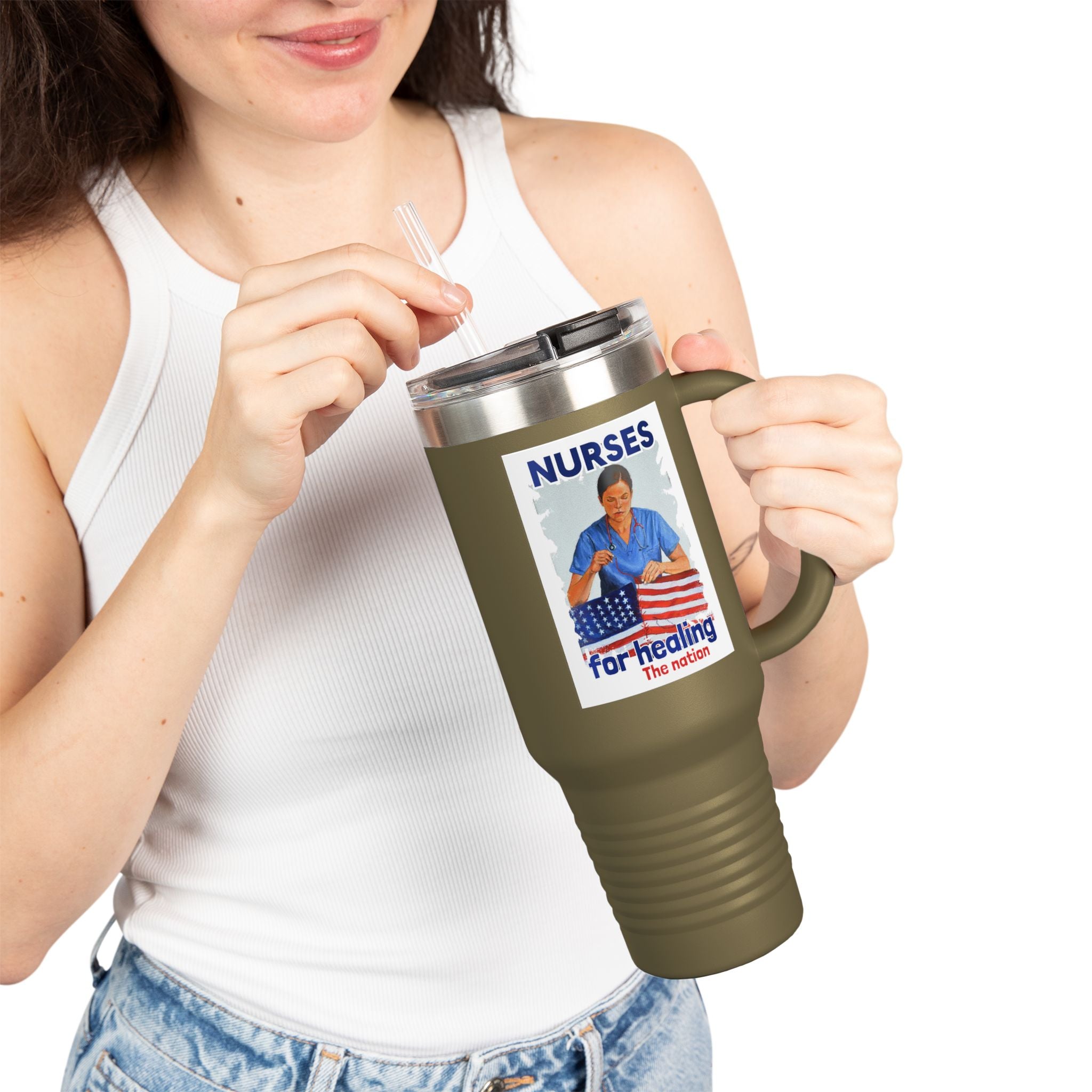 Travel Mug - Nurses For Healing The Nation (front) - Nurses Standing Up For Humanity (back) - 100% stainless steel (body) - NFH-TM-40oz