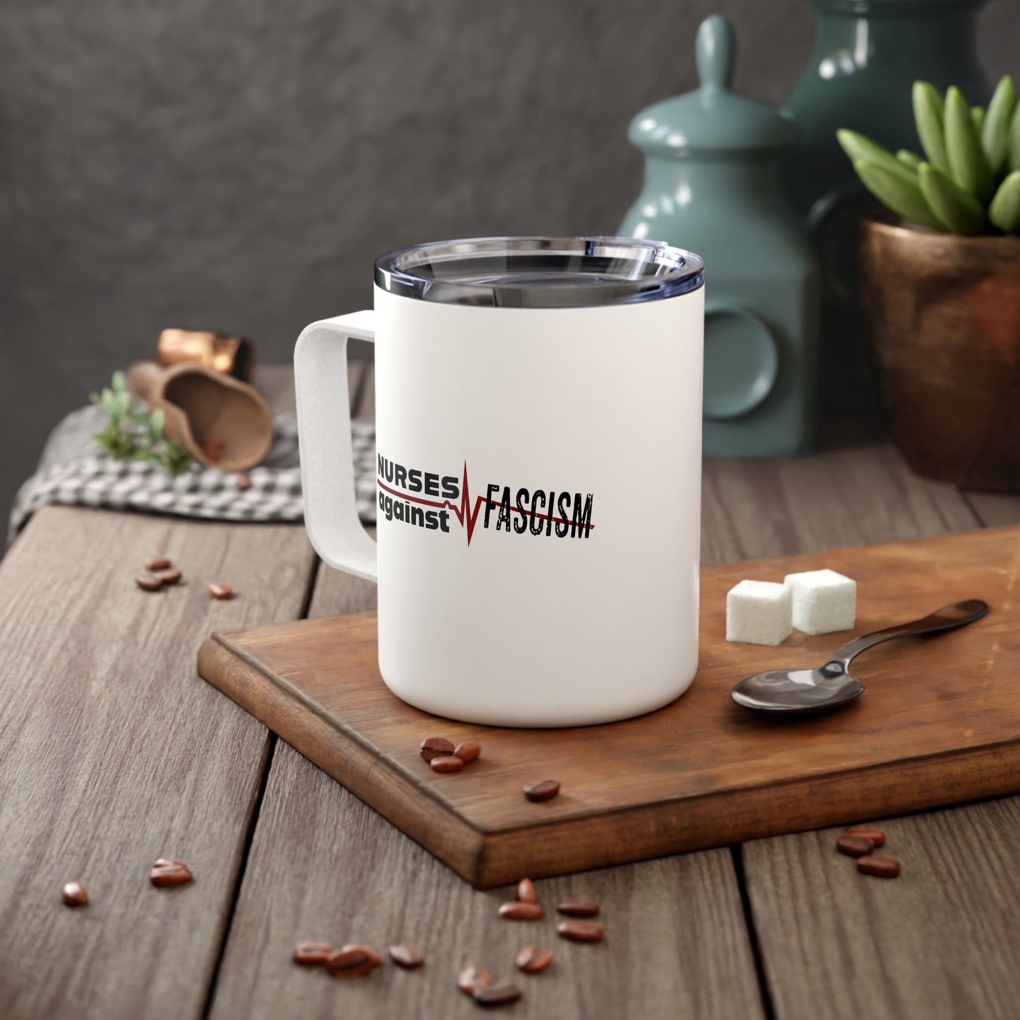 Unisex Insulated Coffee Mug - Nurses Against Fascism (right) - Nurses Against Cruelty (left) - 10oz (0.3l) - NAF-CM-INSULATED