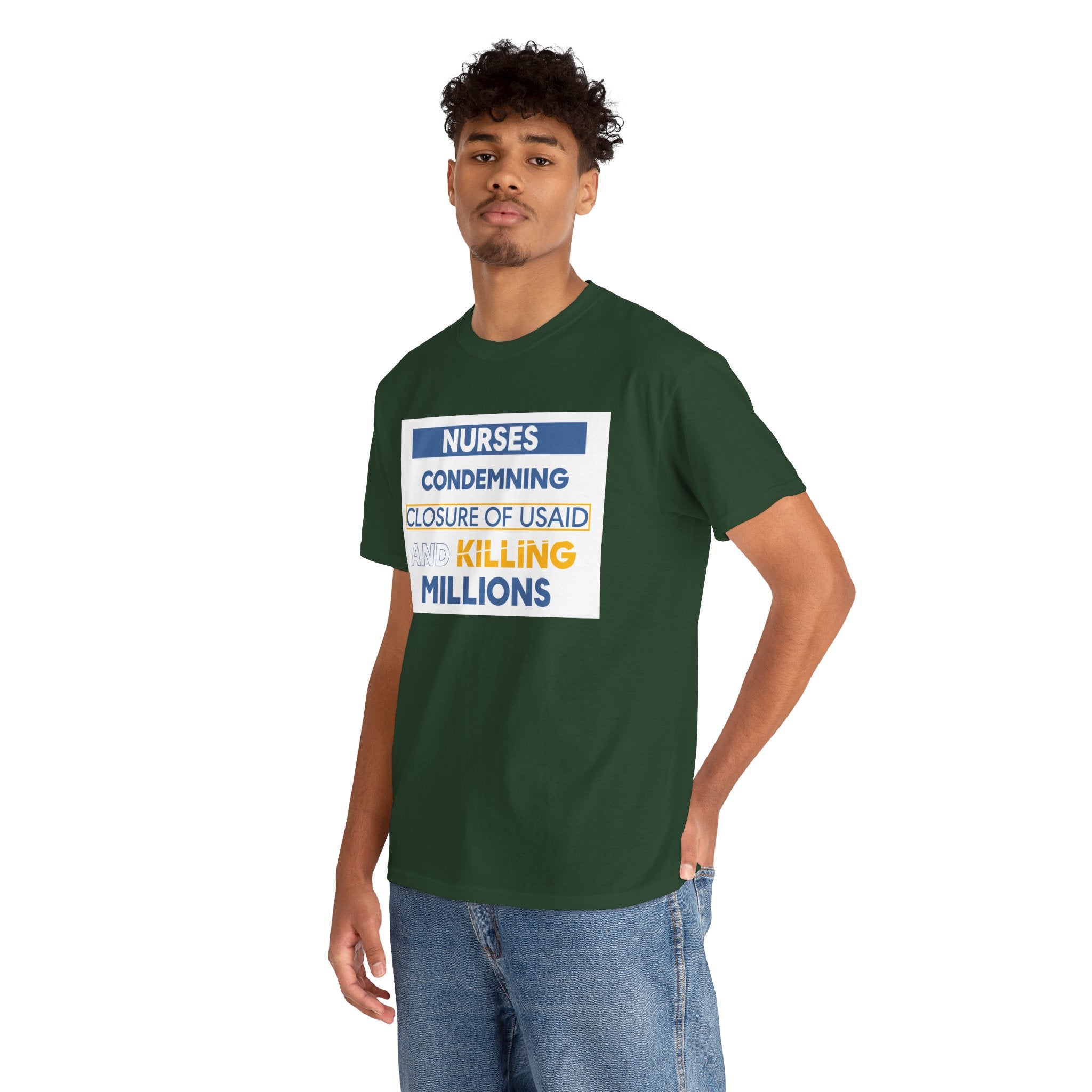 Unisex Medium fabric Cotton Tee - Nurses Condemning Closure of USAID (front) - Nurses For NIH CDC FEMA USAID And YOU (back) - 5.3 oz/yd² / 180 g/m² - NFG-T-G5000