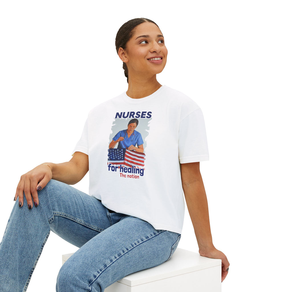 Women's Boxy Heavy fabric Tee - Nurses For Healing The Nation (front) - Nurses Standing Up For Humanity (back) - 100% ring-spun US cotton - NFH-T-CC3023CL