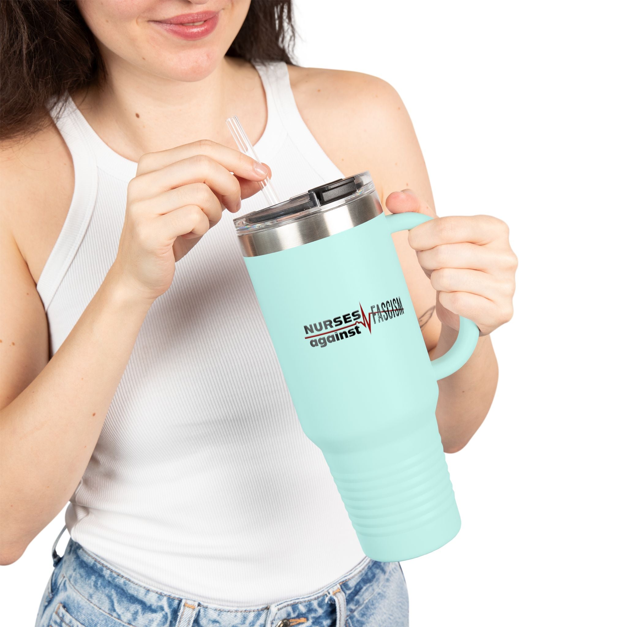 Travel Mug - Nurses Against Fascism (right) - Nurses Against Cruelty (left) - 100% stainless steel (body) - NAF-TM-40oz