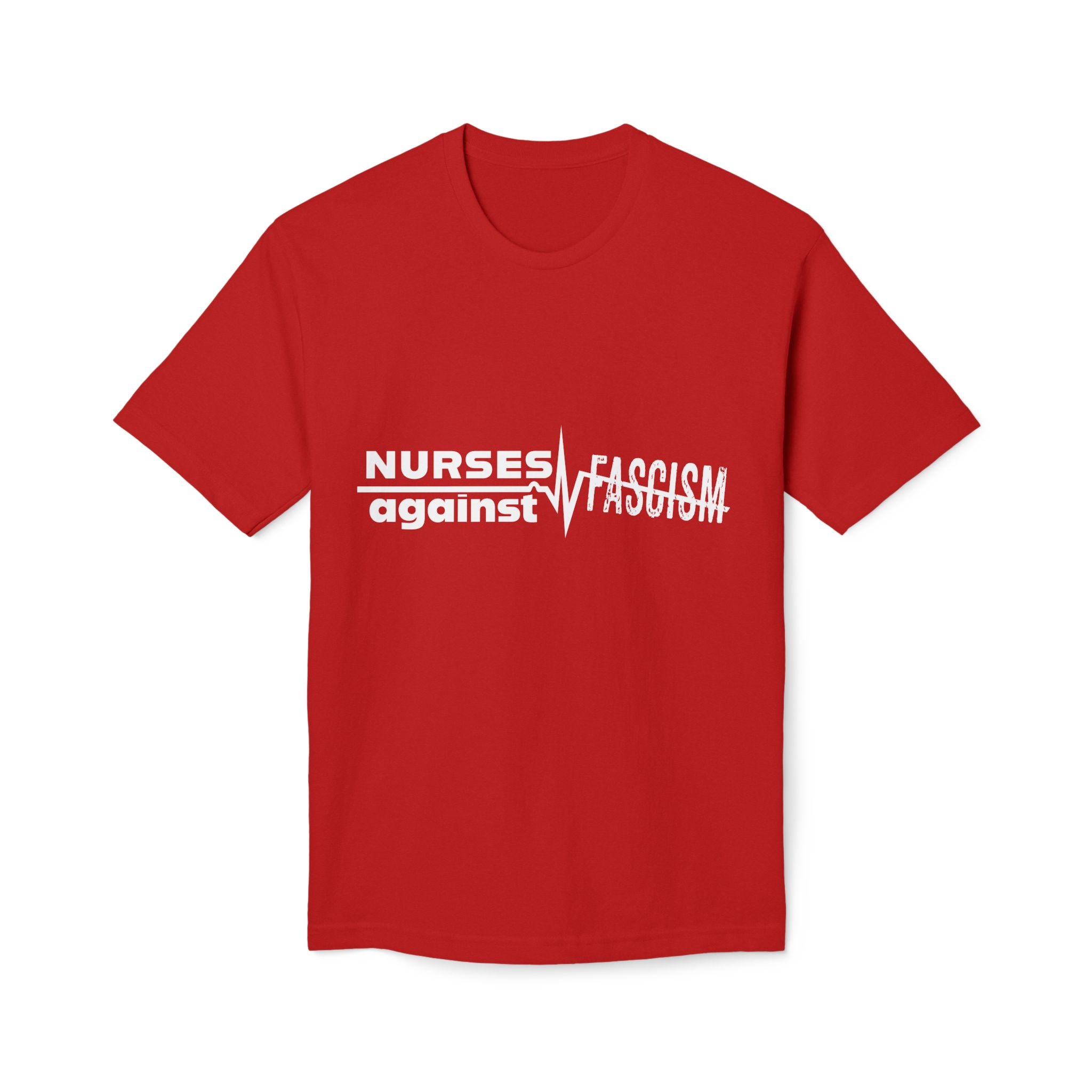 Unisex Midweight T-shirt, Nurses Against Fascism (front) - Nurses Against Cruelty (back) - 100% Polyster - NAF-T-BS5040