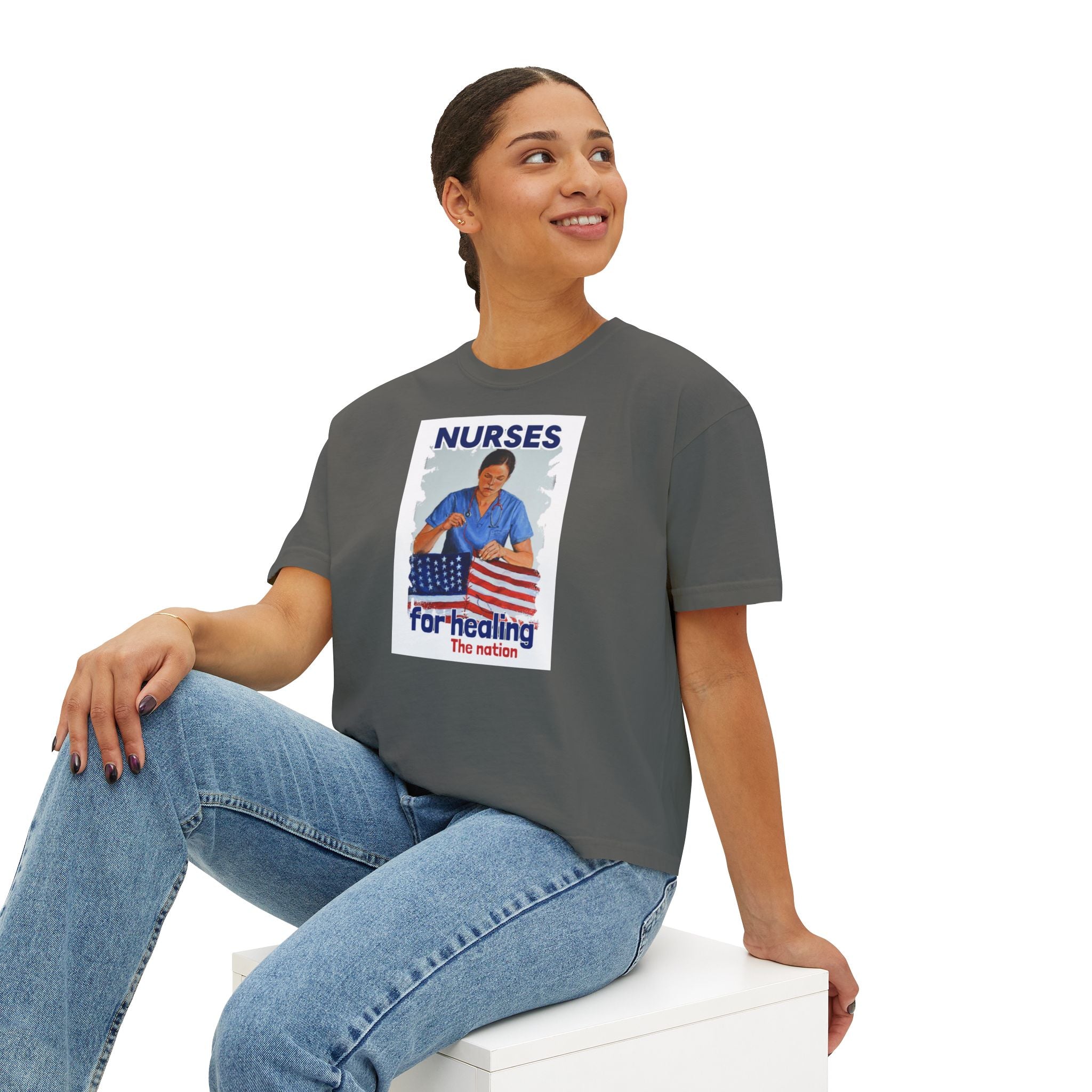 Women's Boxy Heavy fabric Tee - Nurses For Healing The Nation (front) - Nurses Standing Up For Humanity (back) - 100% ring-spun US cotton - NFH-T-CC3023CL