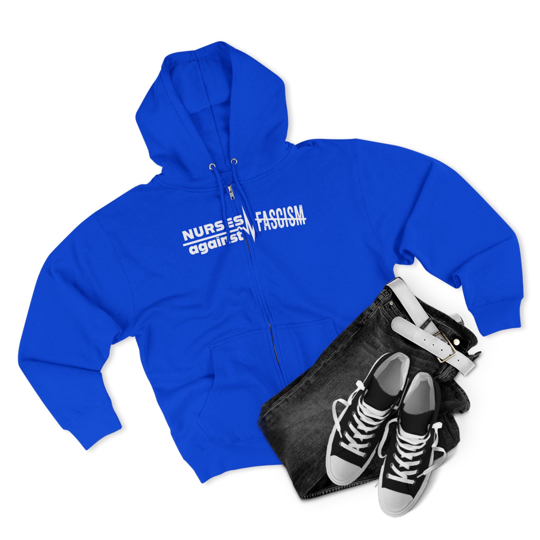 Men's Medium-heavy fabric Full-Zip Hoodie - Nurses Against Fascism (front) - Nurses Against Cruelty (black) - 60% recycled cotton, 40% recycled polyester - Lane Seven LS14003