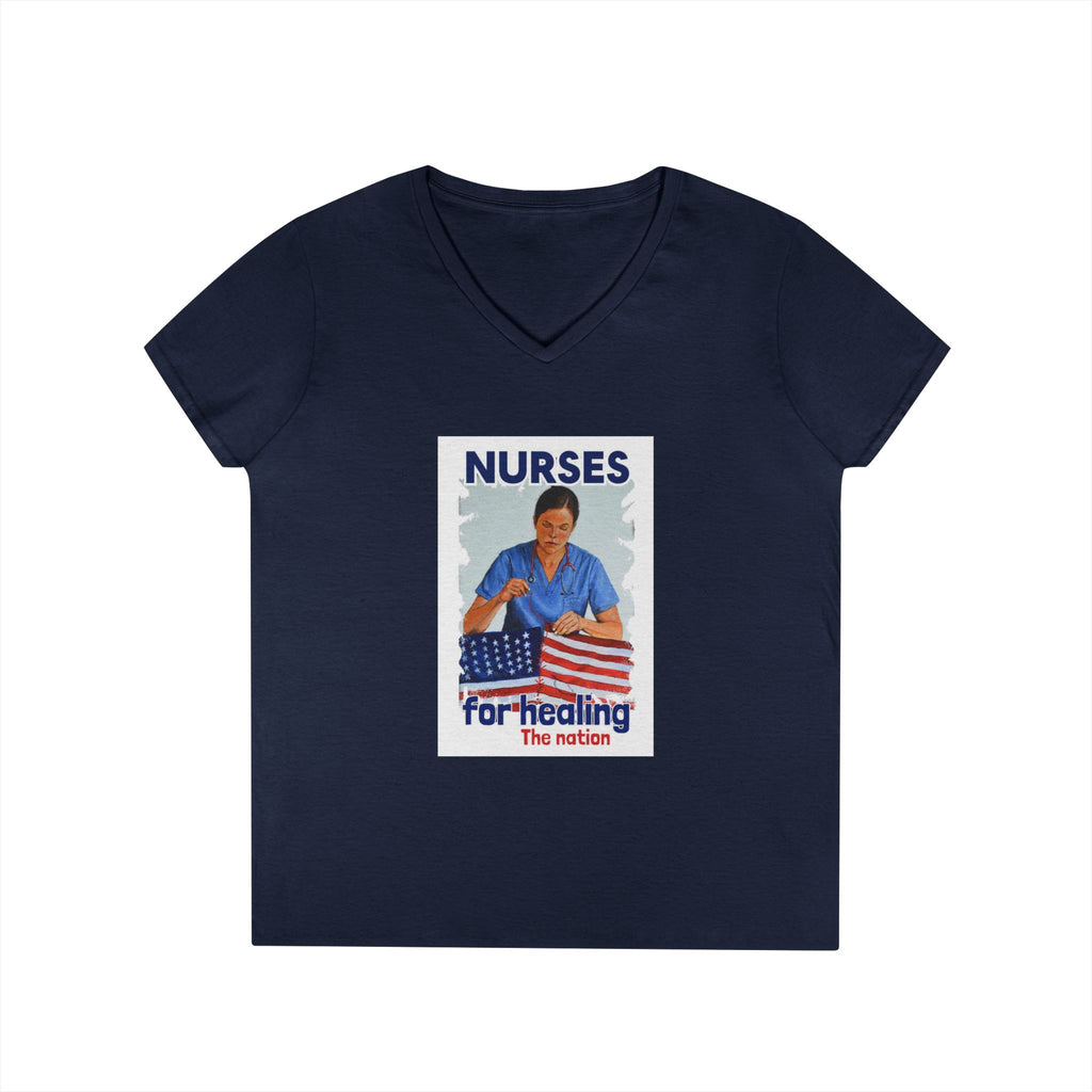 Women's Medium fabric V-Neck T-Shirt - Nurses For Healing The Nation (front) - Nurses Standing Up For Humanity (back) - 100% cotton - NFH-V-G5V00L