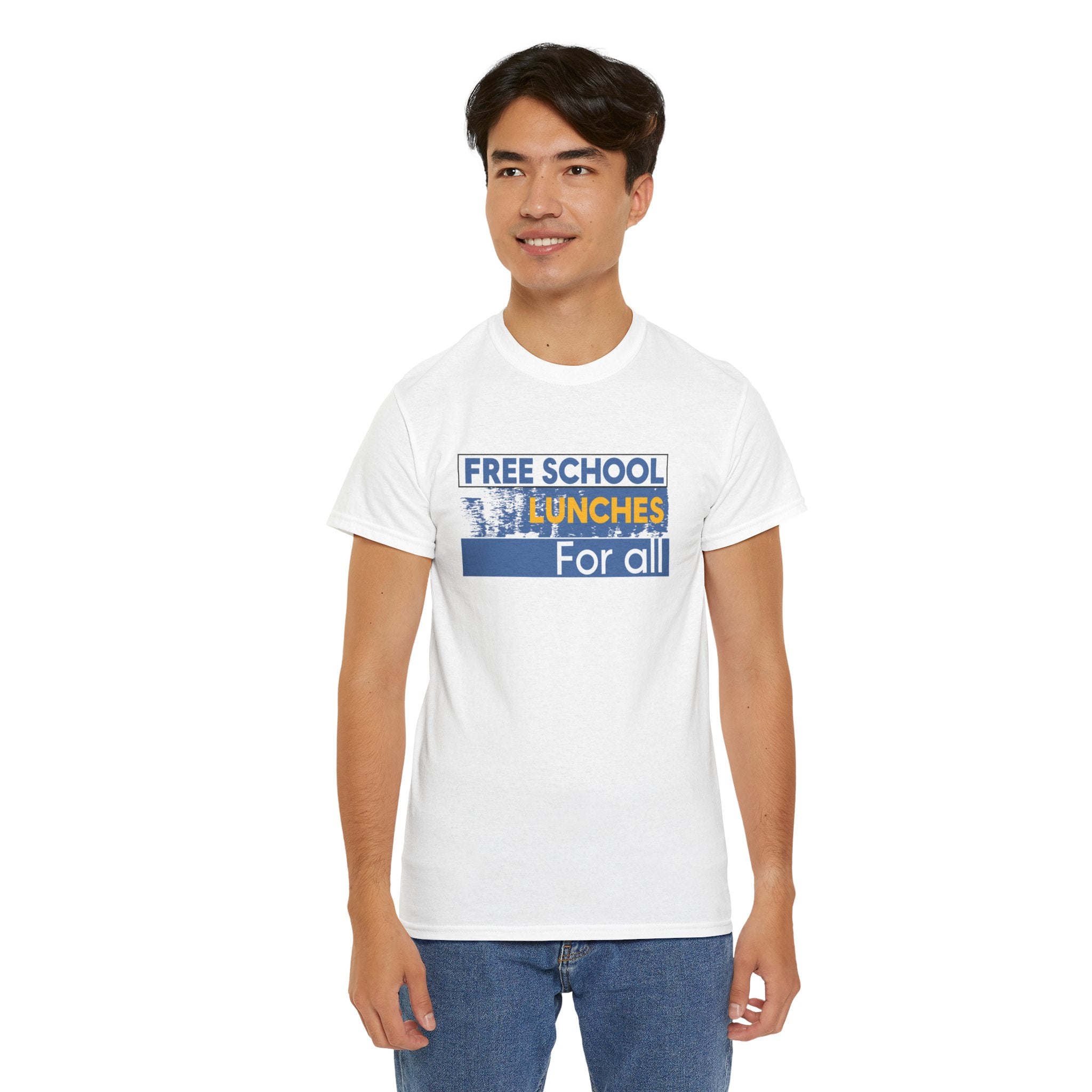 Unisex Medium fabric Cotton Tee - Free School Lunches For All (front) - Nurses Against The Rich Starving The Poor (back) - 5.3 oz/yd² / 180 g/m² - NAH-T-G5000