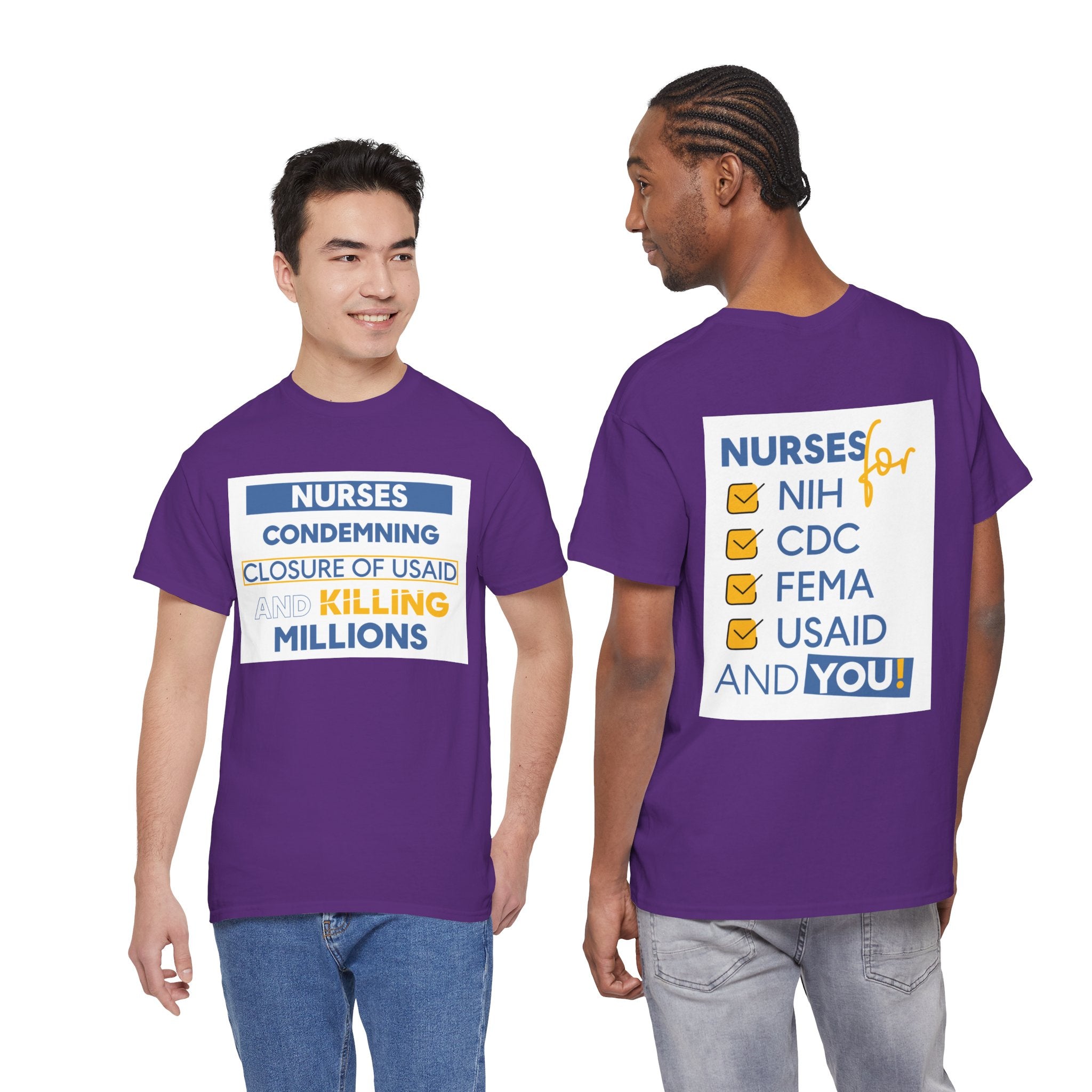 Unisex Medium fabric Cotton Tee - Nurses Condemning Closure of USAID (front) - Nurses For NIH CDC FEMA USAID And YOU (back) - 5.3 oz/yd² / 180 g/m² - NFG-T-G5000