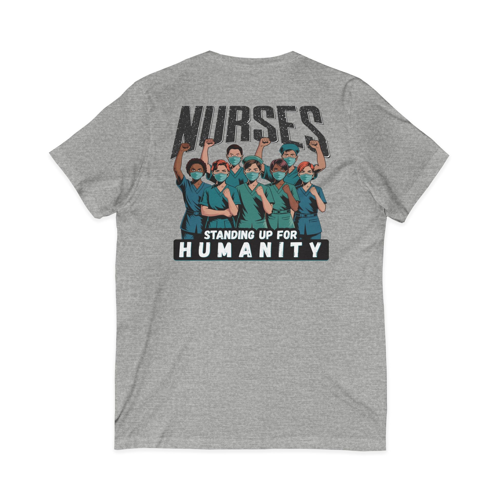 Unisex Lightweight fabric Jersey Short Sleeve V-Neck Tee - Nurses For Healing The Nation (front) - Nurses Standing Up For Humanity (back) - 100% cotton fabric - NFH-V-BC3005