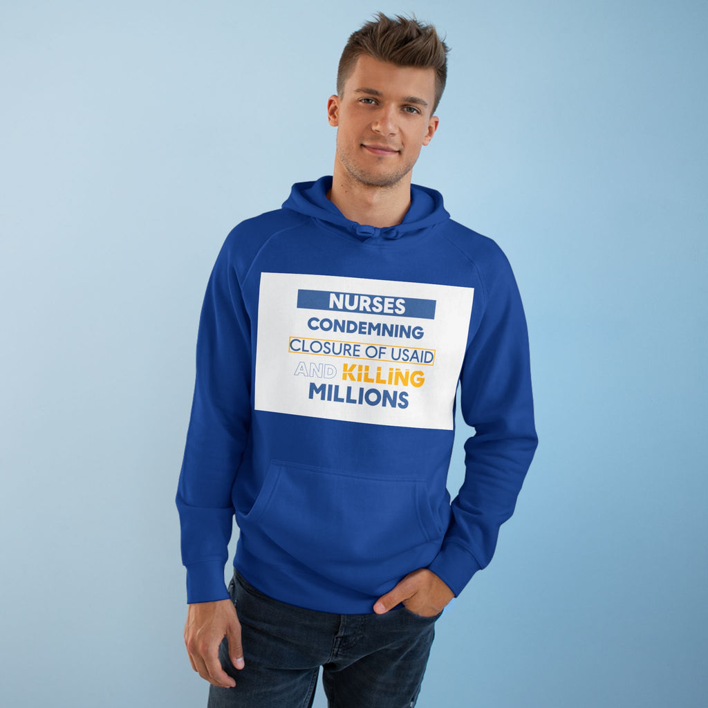 Unisex Mid-weight Hoodie - Nurses Condemning Closure of USAID (front) - Nurses For NIH CDC FEMA USAID And YOU (back) - 80% cotton, 20% Polyester - NFG-H-AC5101