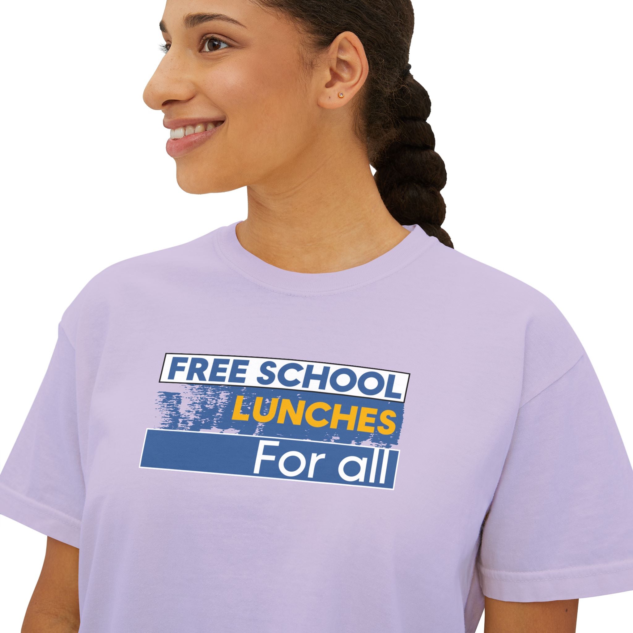 Women's Boxy Heavy fabric Tee - Free School Lunches For All (front) - Nurses Against The Rich Starving The Poor (back) - 100% ring-spun US cotton - NAH-T-CC3023CL