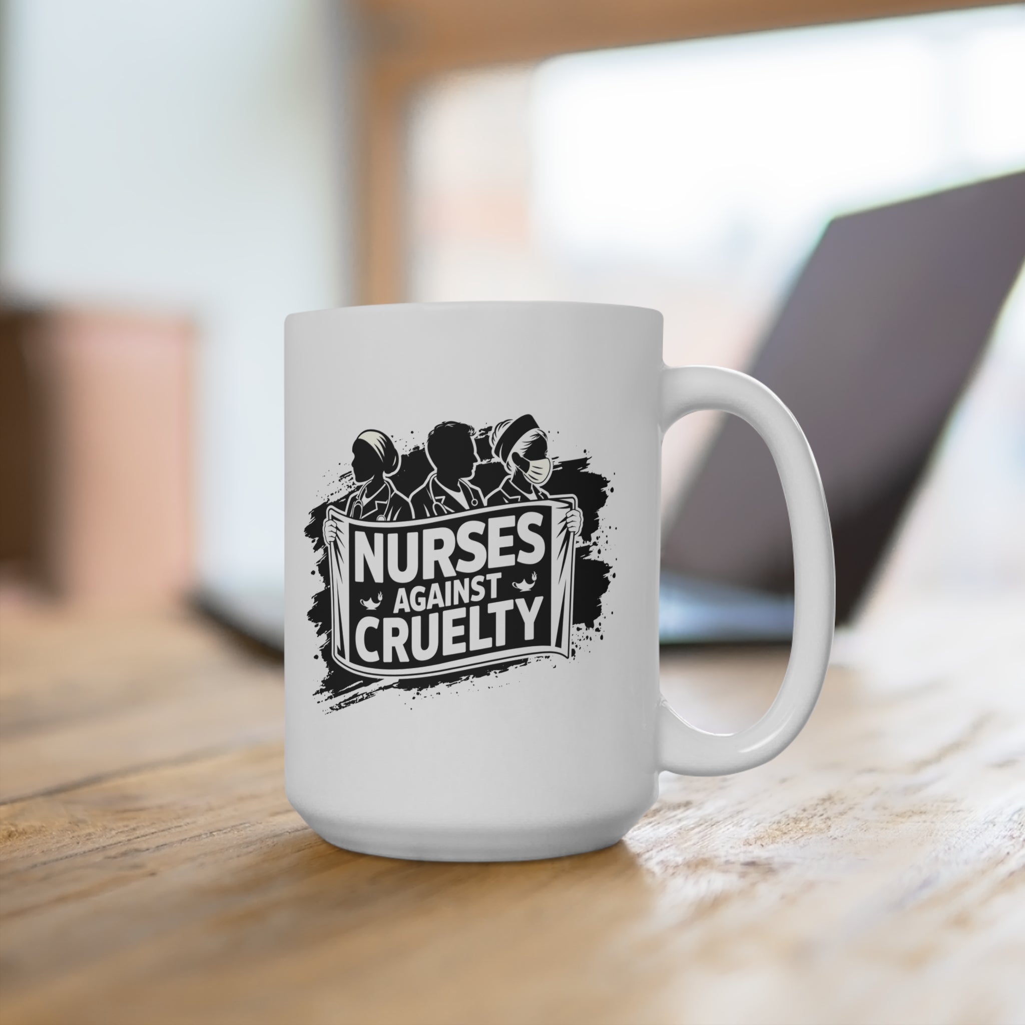 Unisex Ceramic Mug - Nurses Against Fascism (right) - Nurses Against Cruelty (left) - Durable white Ceramic - NAF-CM-ORCA