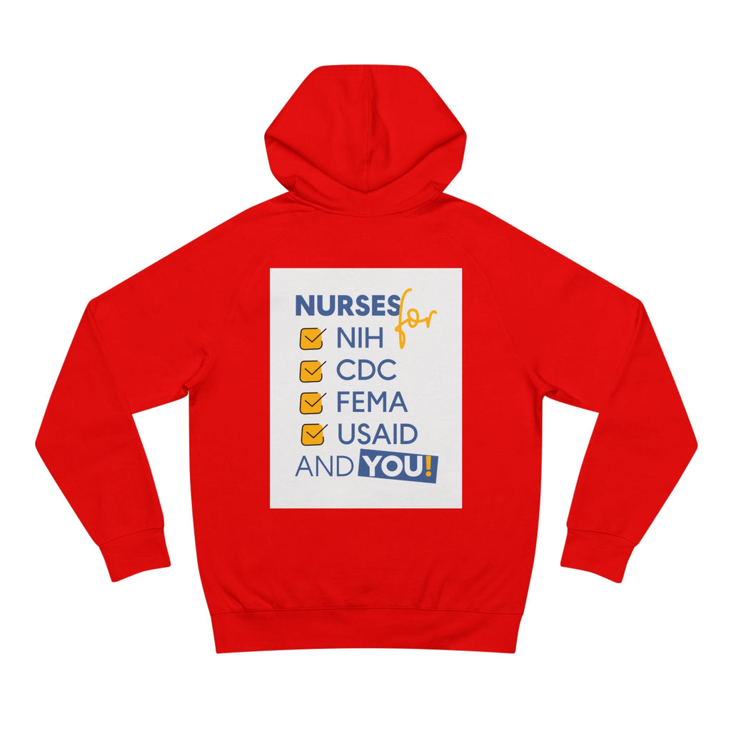 Unisex Mid-weight Hoodie - Nurses Condemning Closure of USAID (front) - Nurses For NIH CDC FEMA USAID And YOU (back) - 80% cotton, 20% Polyester - NFG-H-AC5101