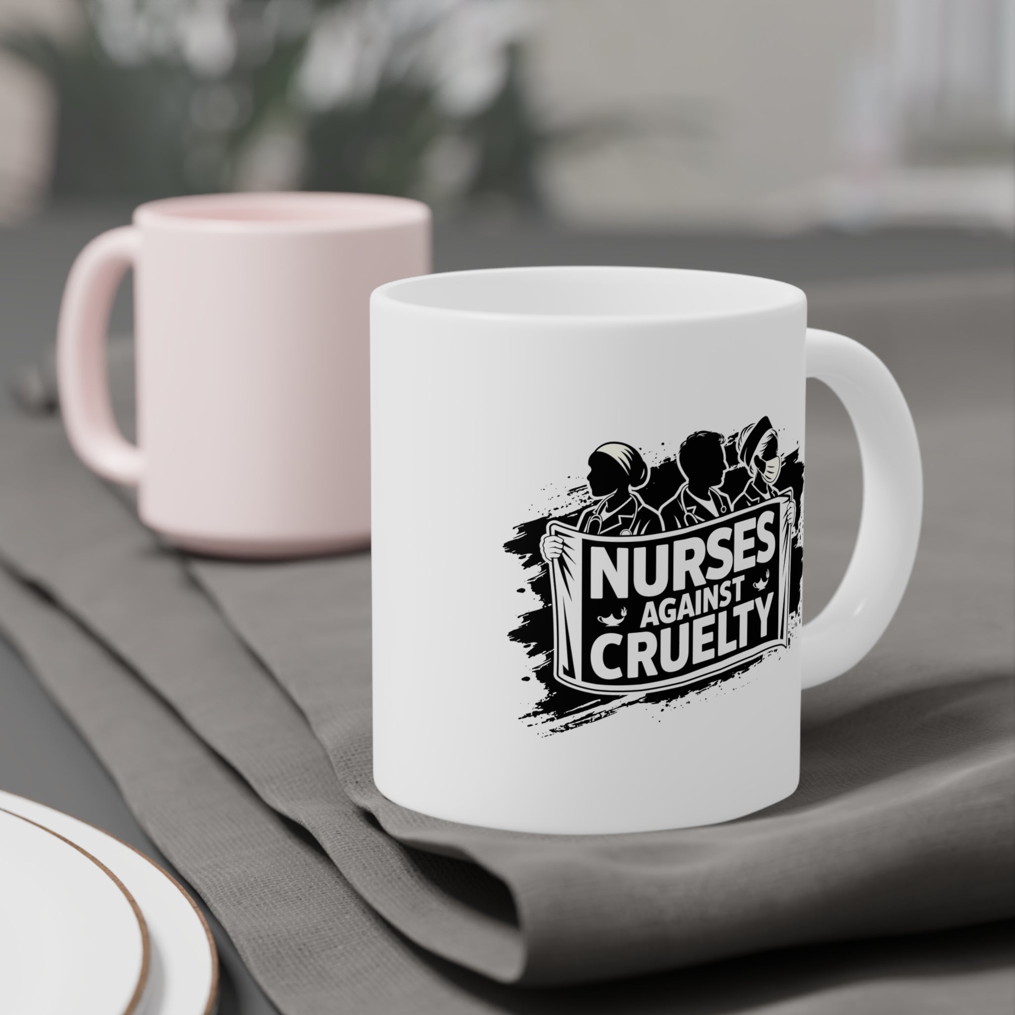 Unisex Ceramic Mug - Nurses Against Fascism (right) - Nurses Against Cruelty (left) - Durable white Ceramic - NAF-CM-ORCA