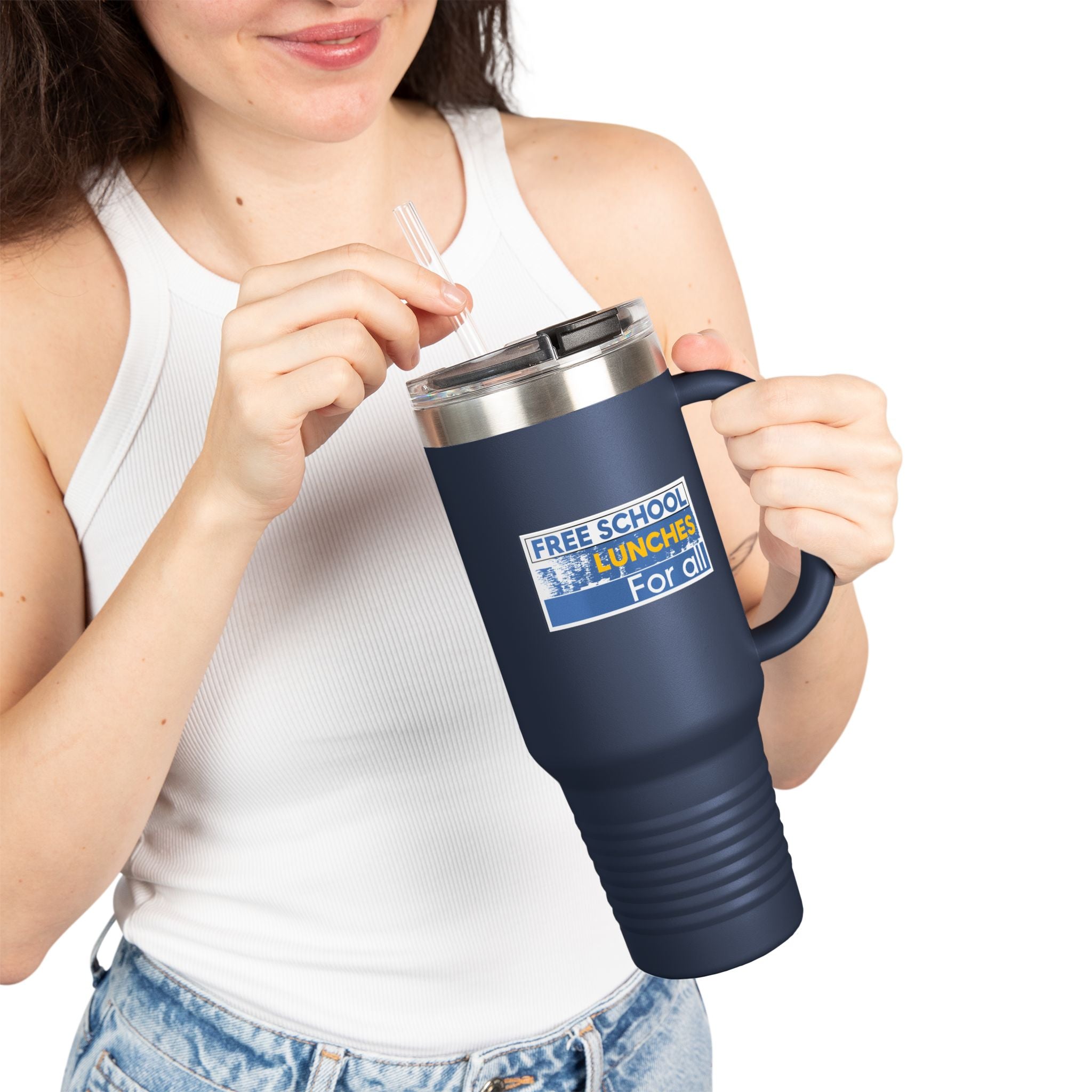 Travel Mug - Free School Lunches For All (front) - Nurses Against The Rich Starving The Poor (back) - 100% stainless steel (body) - NAH-TM-40oz