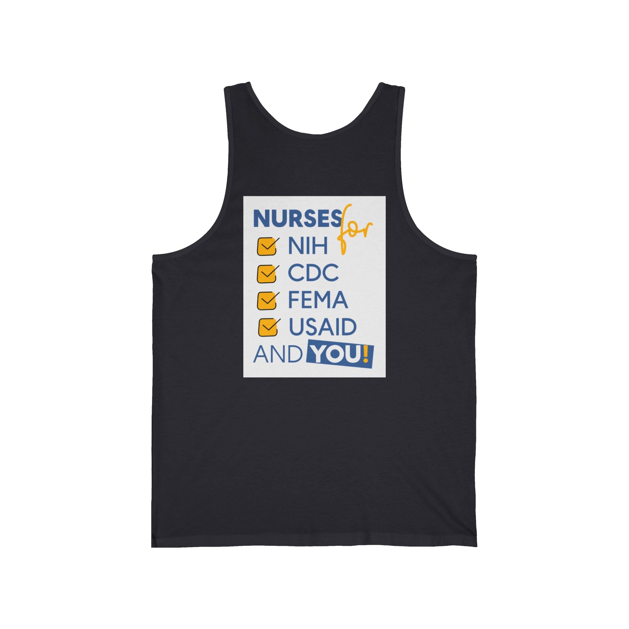 Unisex Light fabric Jersey Tank - Nurses Condemning Closure of USAID (front) - Nurses For NIH CDC FEMA USAID And YOU (back) - 100% Airlume combed and ring-spun cotton - NFG-K-BC3480
