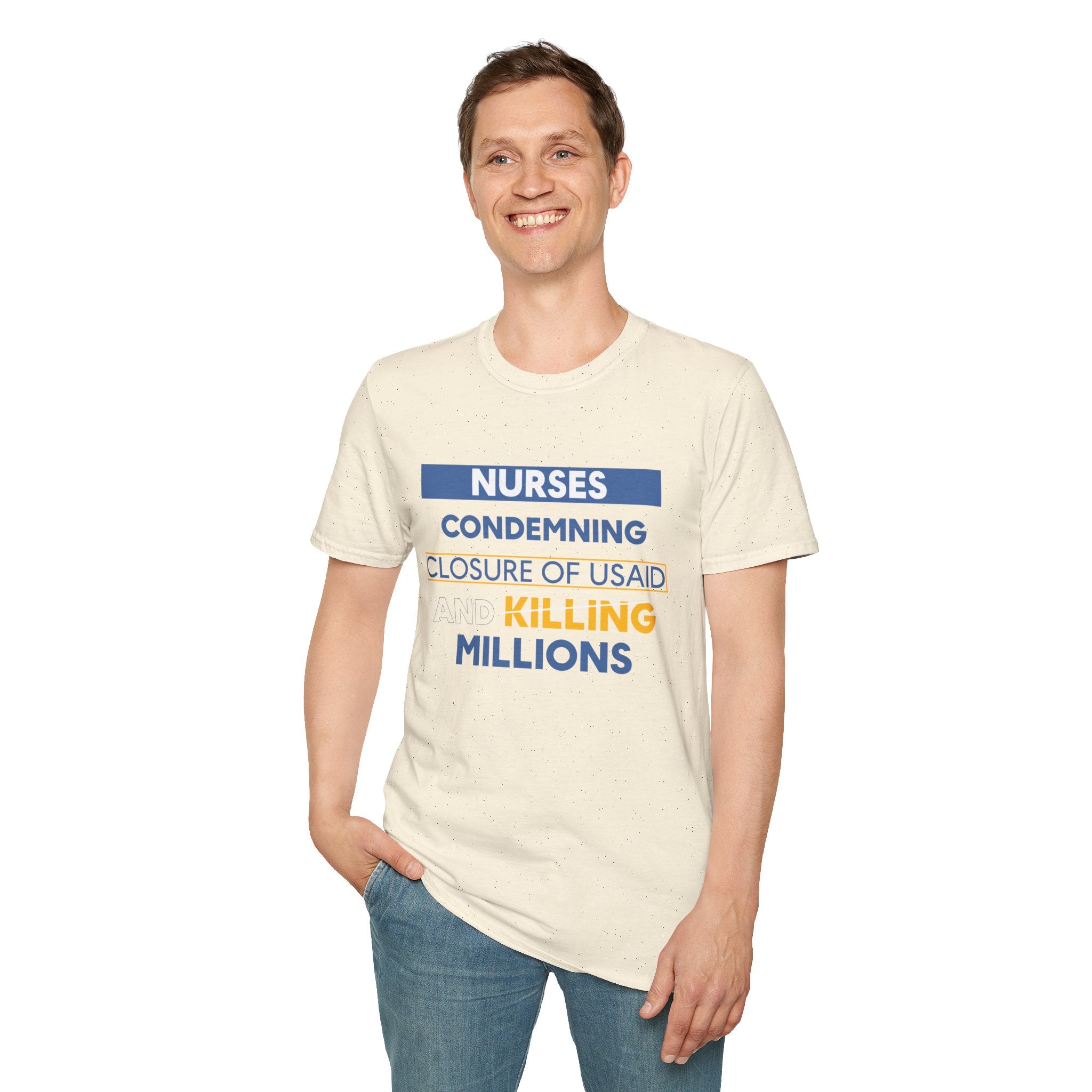 Unisex Lightweight fabric T-Shirt - Nurses Condemning Closure of USAID (front) - Nurses For NIH CDC FEMA USAID And YOU (back) - 100% ring-spun cotton - NFG-T-G64000