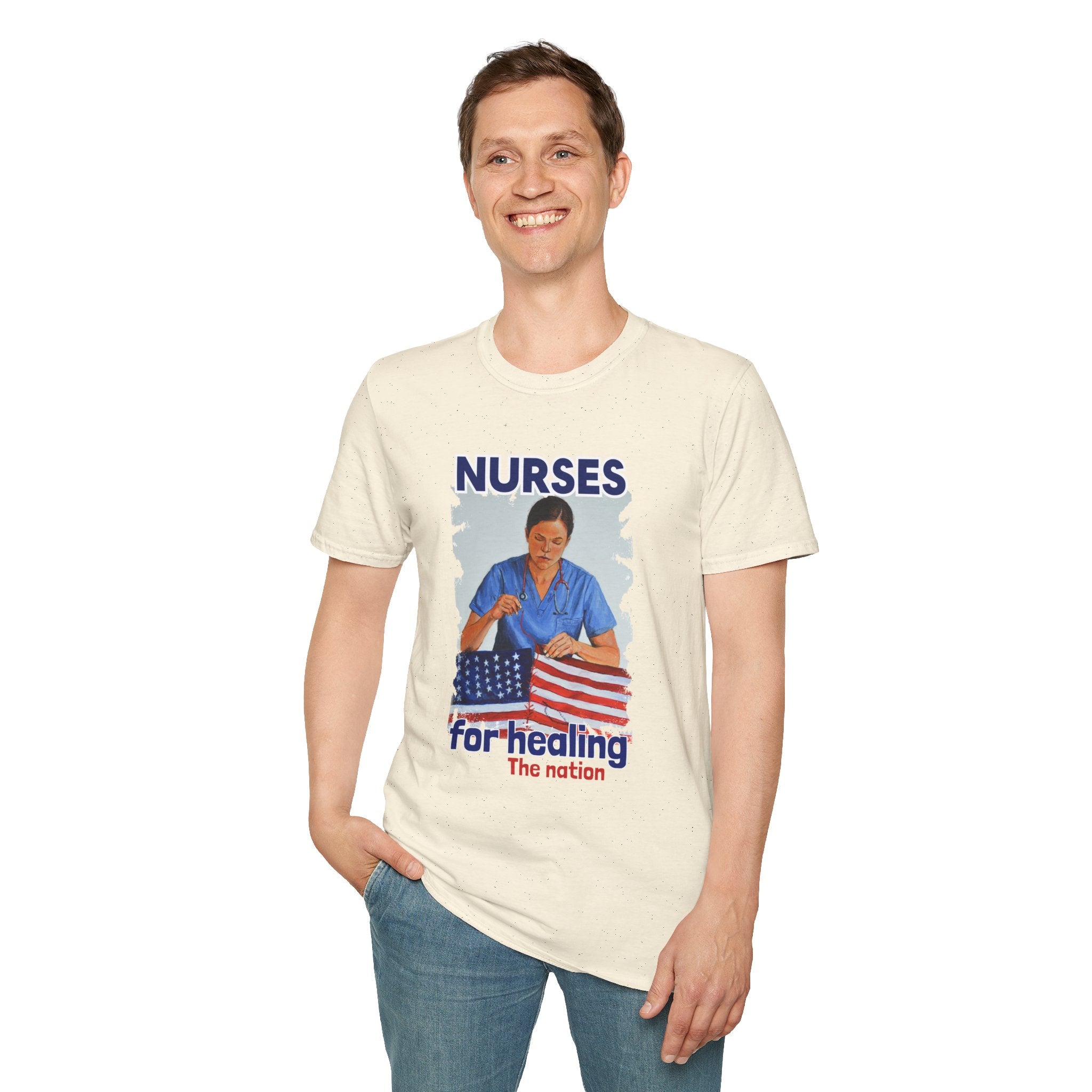 Unisex Lightweight fabric T-Shirt - Nurses For Healing The Nation (front) - Nurses Standing Up For Humanity (back) - 100% ring-spun cotton - NFH-T-G64000
