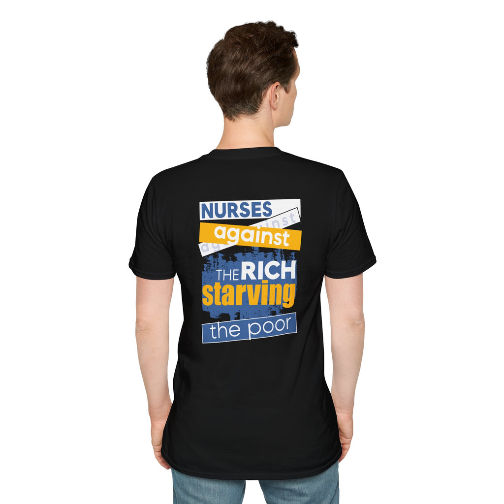 Unisex Lightweight fabric T-Shirt - Free School Lunches For All (front) - Nurses Against The Rich Starving The Poor (back) - 100% ring-spun cotton - NAH-T-G64000