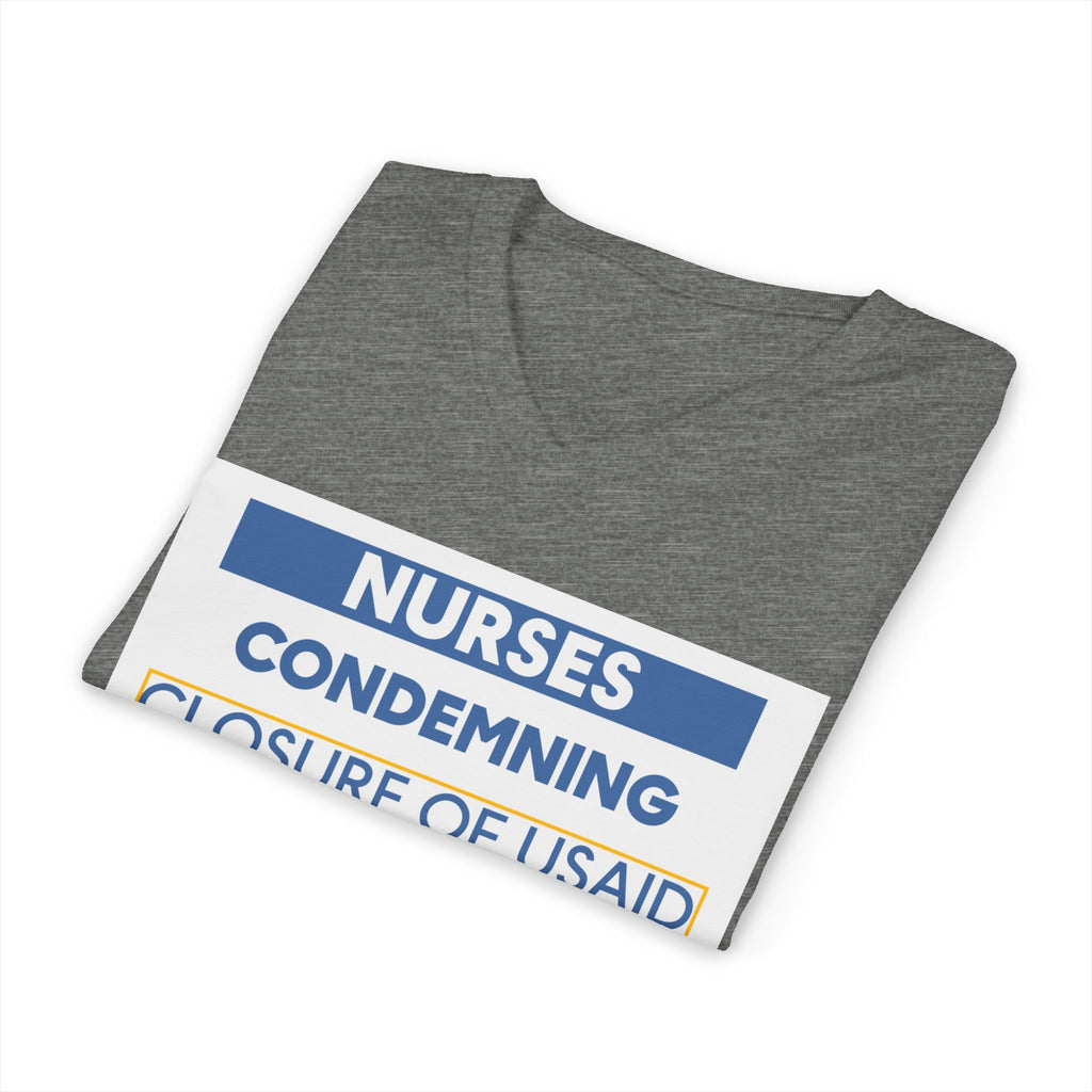 Unisex Lightweight fabric Jersey Short Sleeve V-Neck Tee - Nurses Condemning Closure of USAID (front) - Nurses For NIH CDC FEMA USAID And YOU (back) - 100% cotton fabric - NFG-V-BC3005