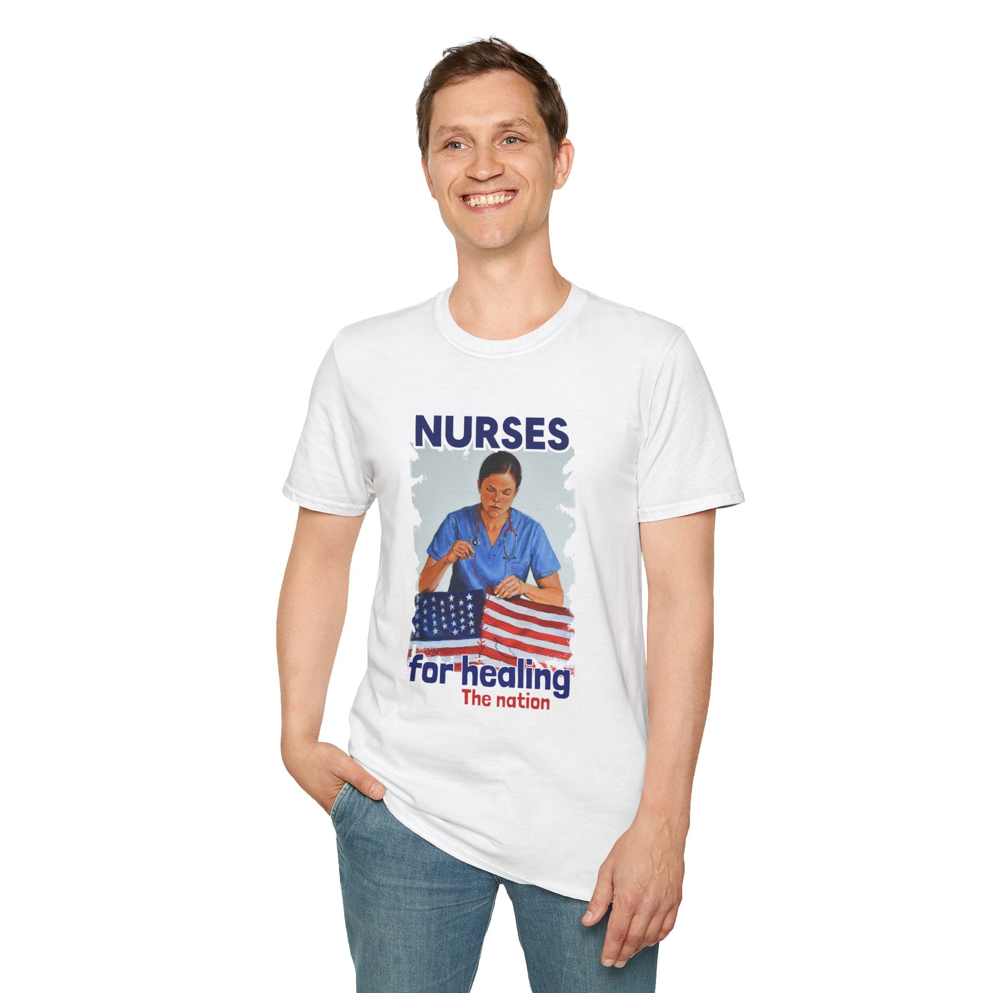 Unisex Lightweight fabric T-Shirt - Nurses For Healing The Nation (front) - Nurses Standing Up For Humanity (back) - 100% ring-spun cotton - NFH-T-G64000
