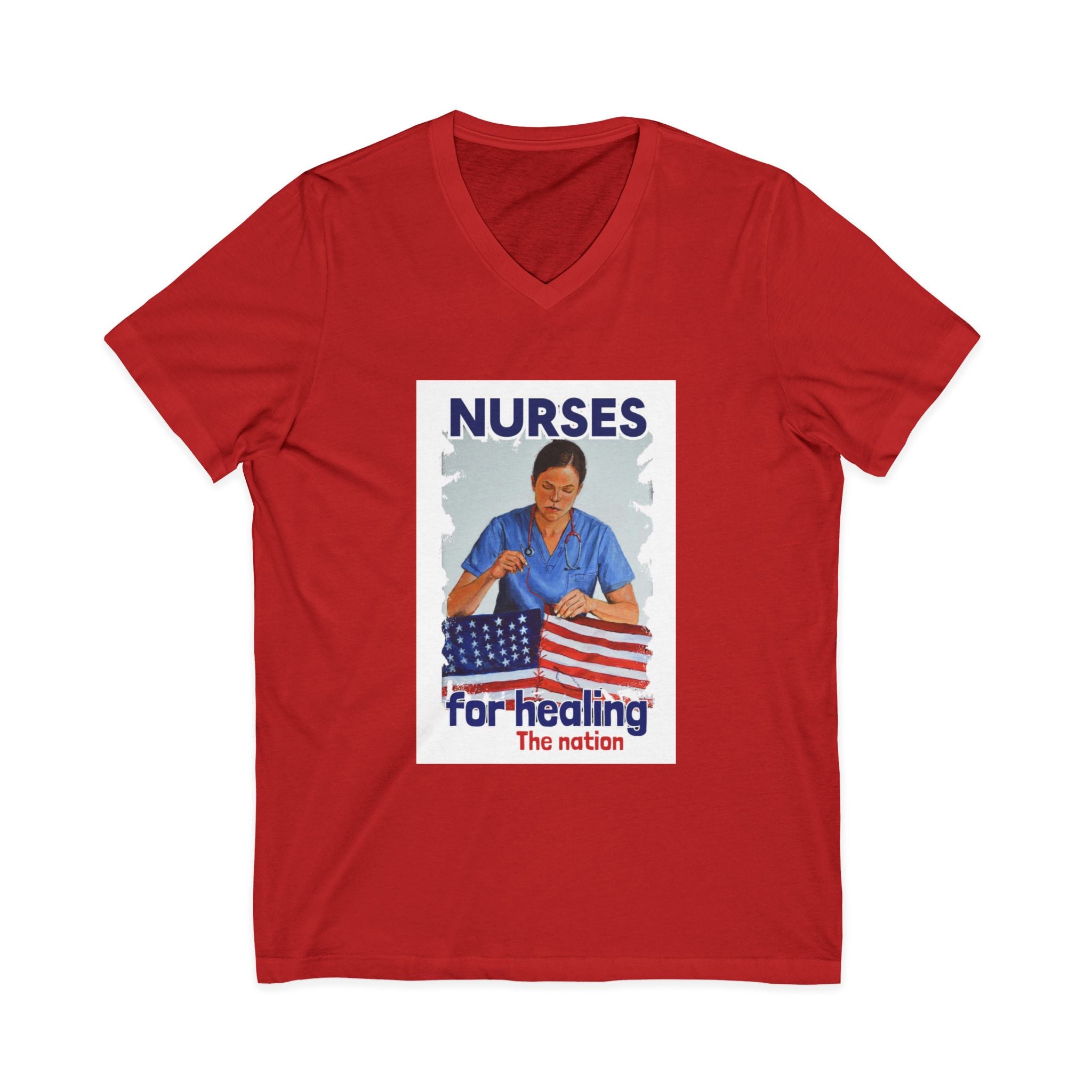 Unisex Lightweight fabric Jersey Short Sleeve V-Neck Tee - Nurses For Healing The Nation (front) - Nurses Standing Up For Humanity (back) - 100% cotton fabric - NFH-V-BC3005